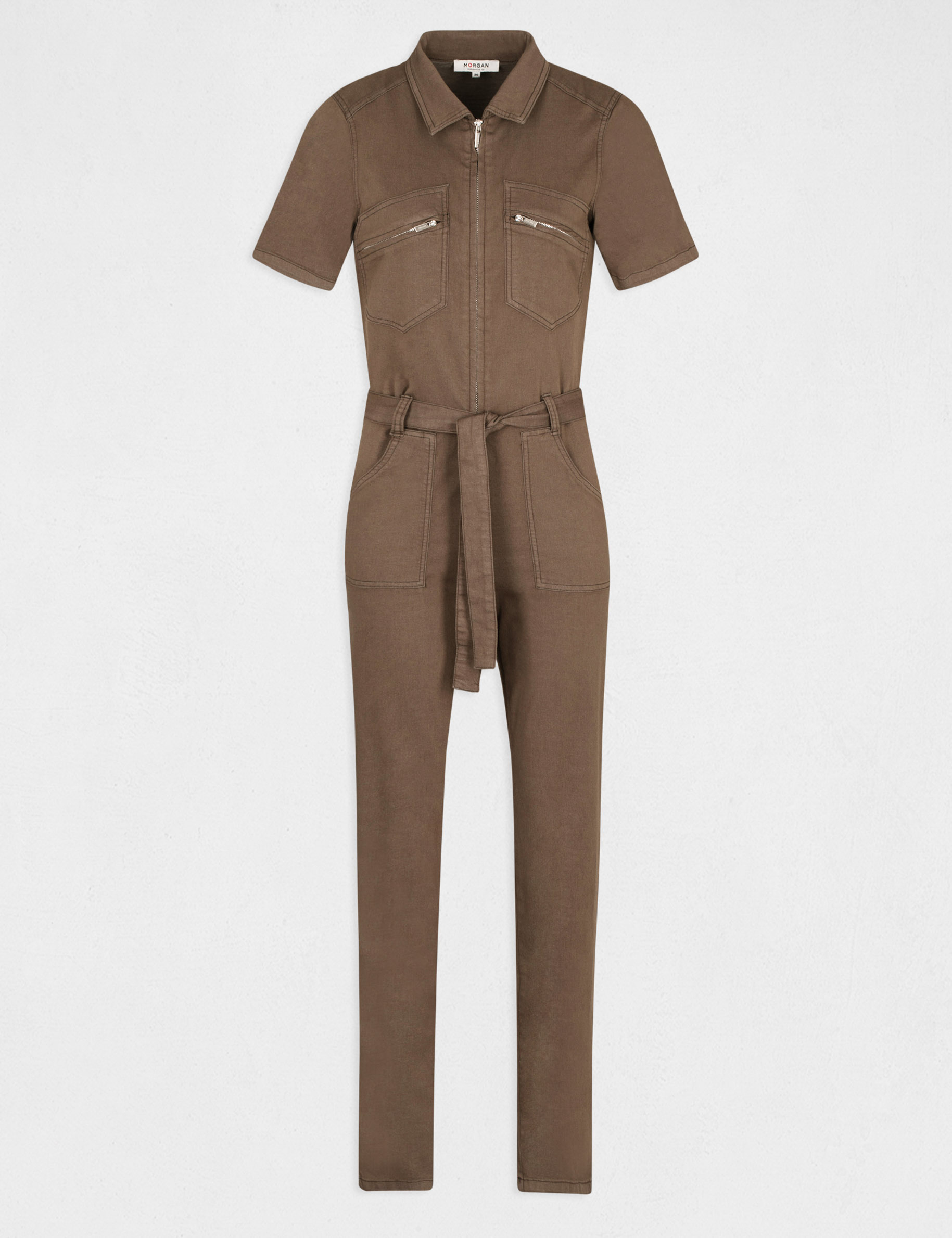Recht getailleerde jumpsuit met riem brons vrouw