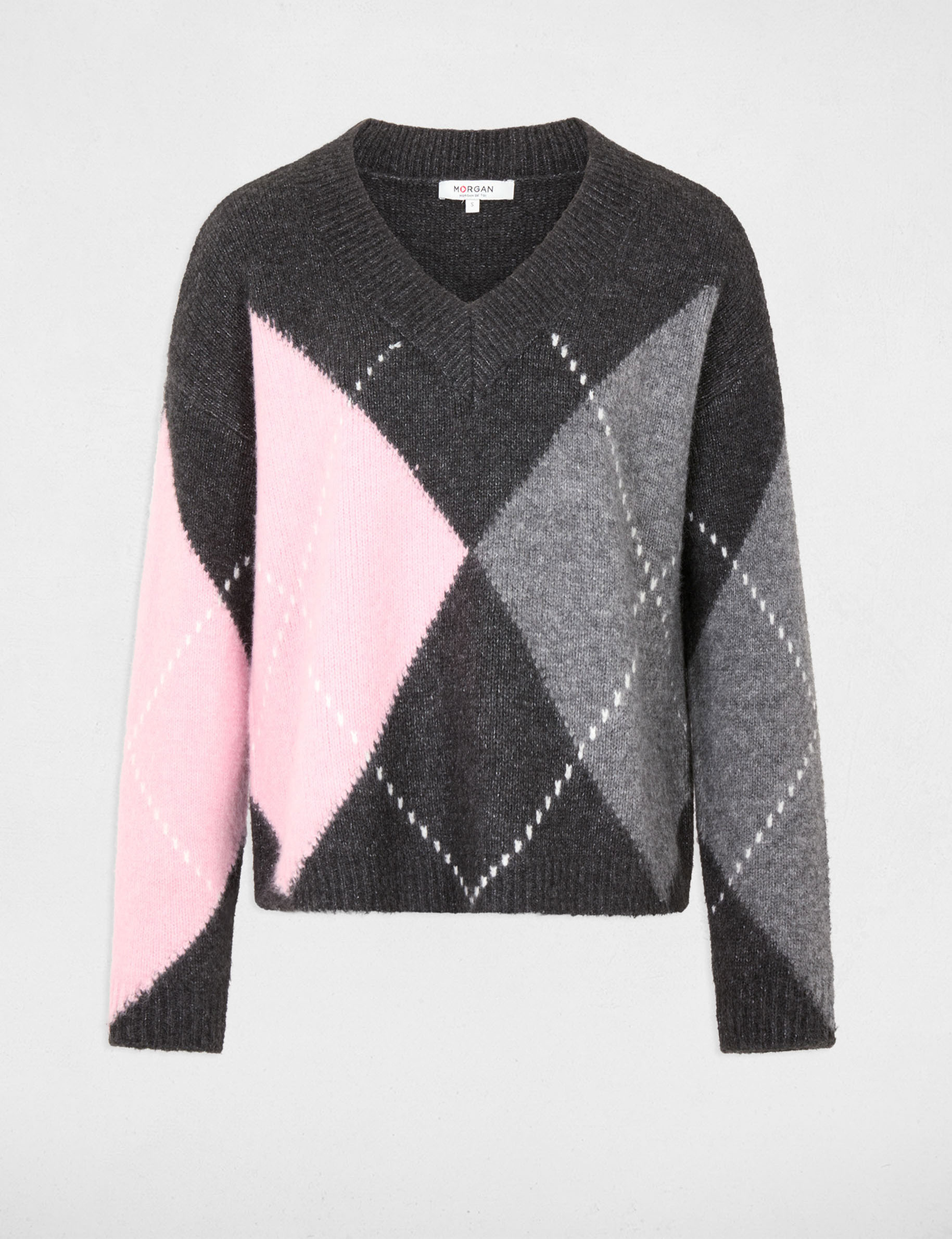 Jacquard trui met V-hals donkergrijs vrouw