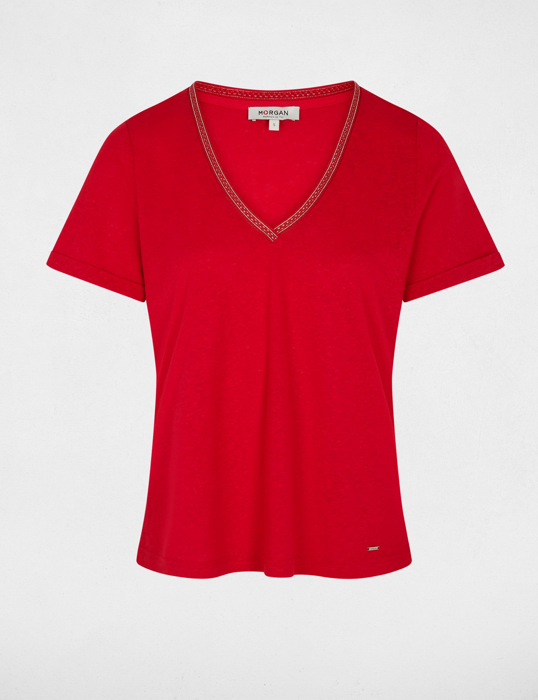 T-shirt met parels en V-hals rood vrouw