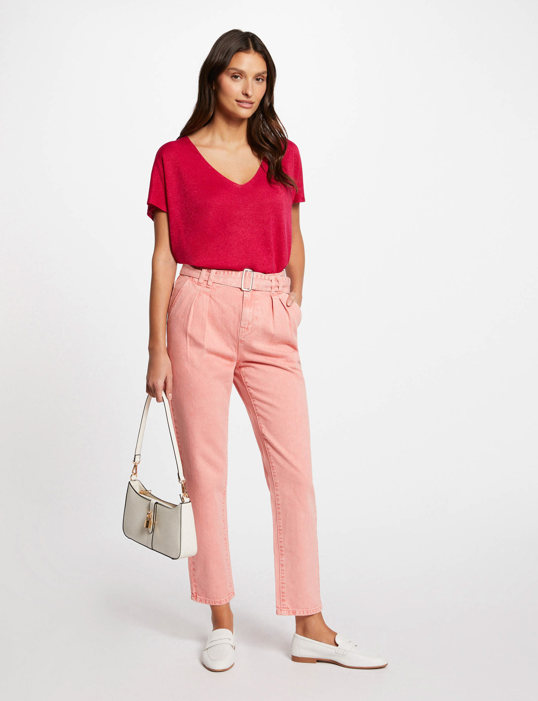 pull col en v manches courtes rose moyen femme Pull col en V manches courtes rose moyen femme