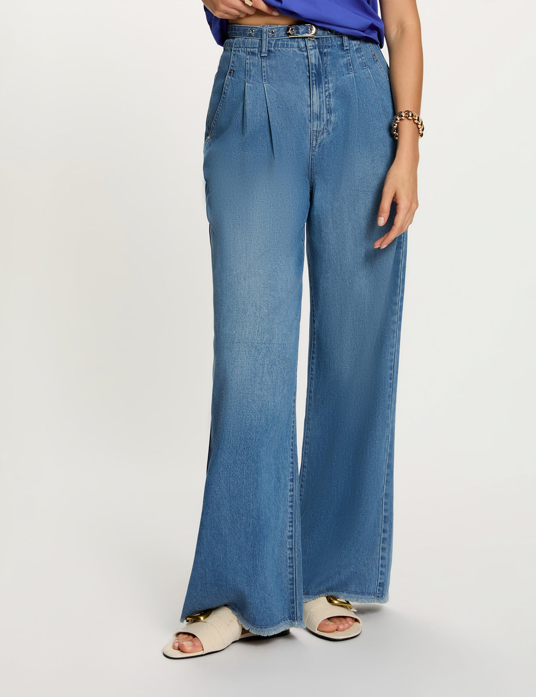 Wijd uitlopende high-waist jeans stone washed denim vrouw