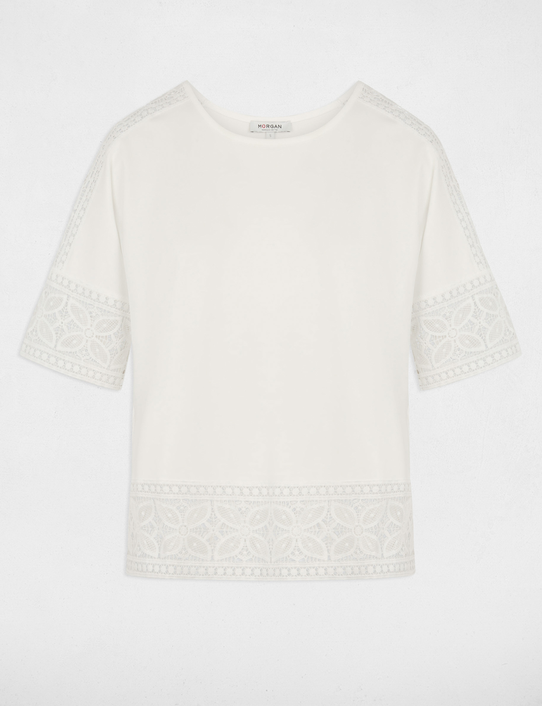 T-shirt dentelle col rond blanc femme