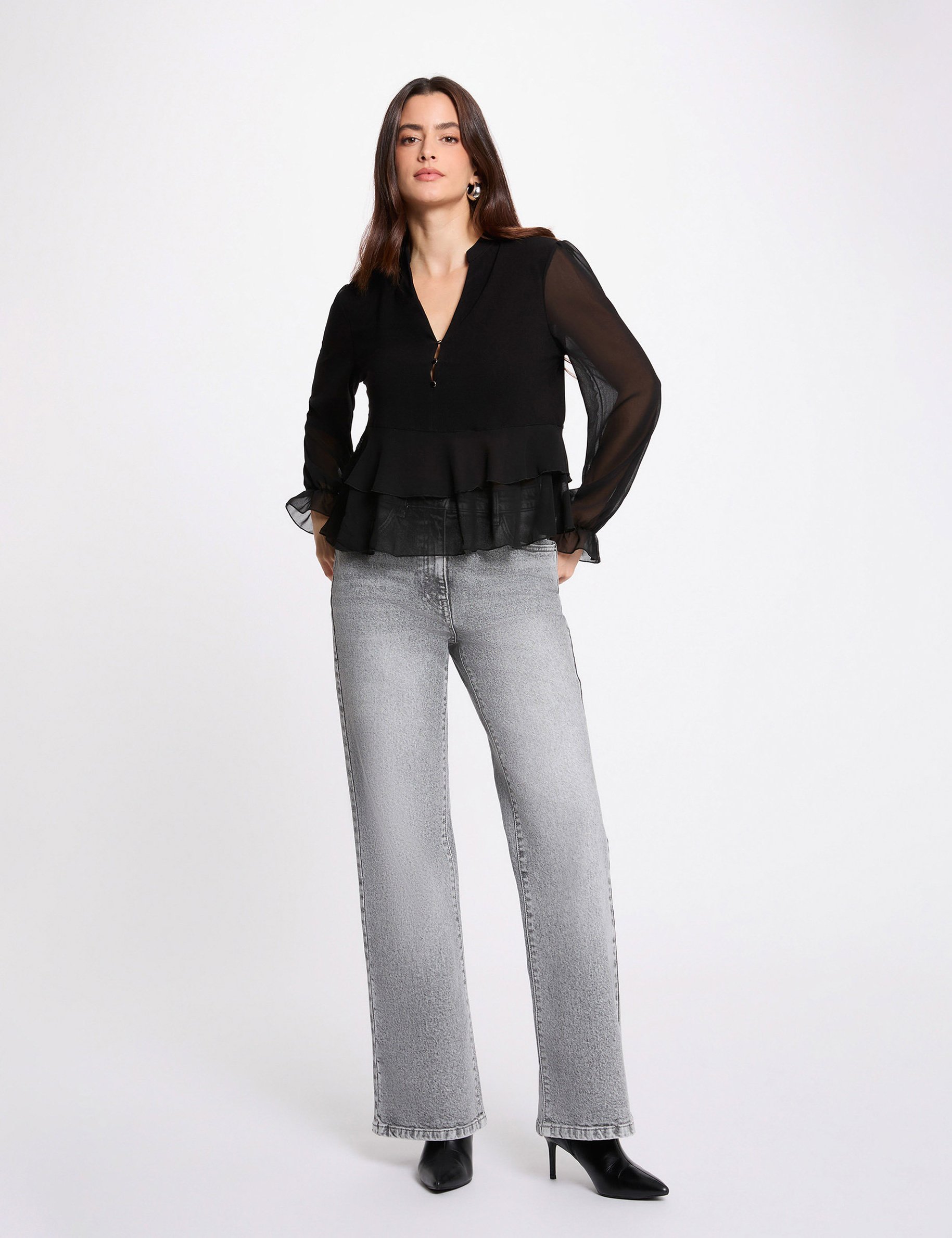 T-shirt met V-hals en ruches zwart vrouw