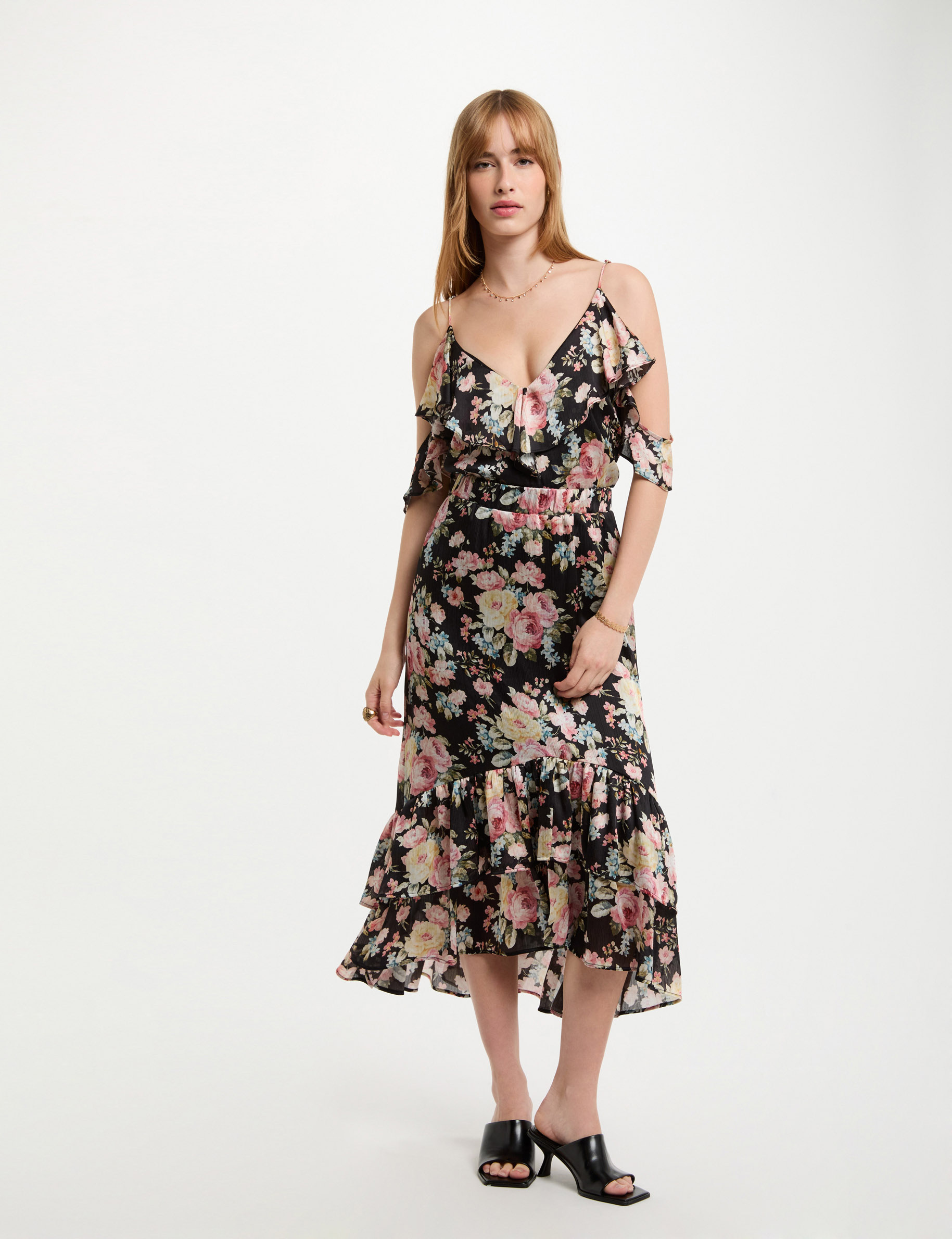 midi rok met ruches en print meerkleurig vrouw Midi-rok met ruches en print meerkleurig vrouw