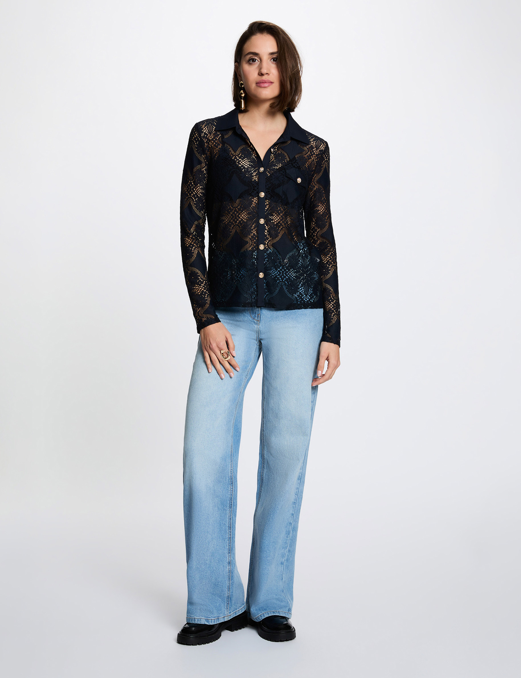 Kant blouse met reverskraag marineblauw vrouw