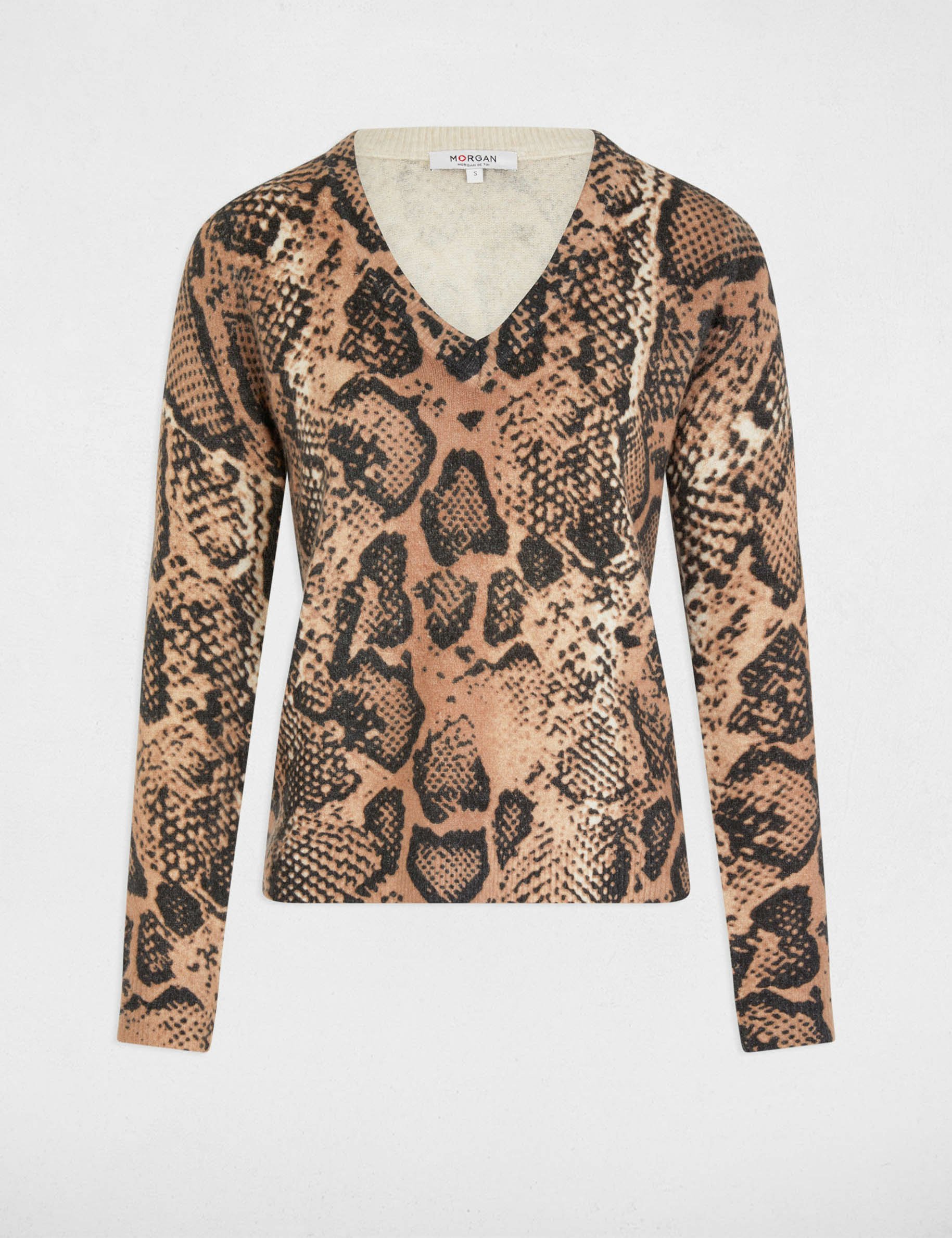 pull col en v imprime beige femme Pull col en V imprimé beige femme