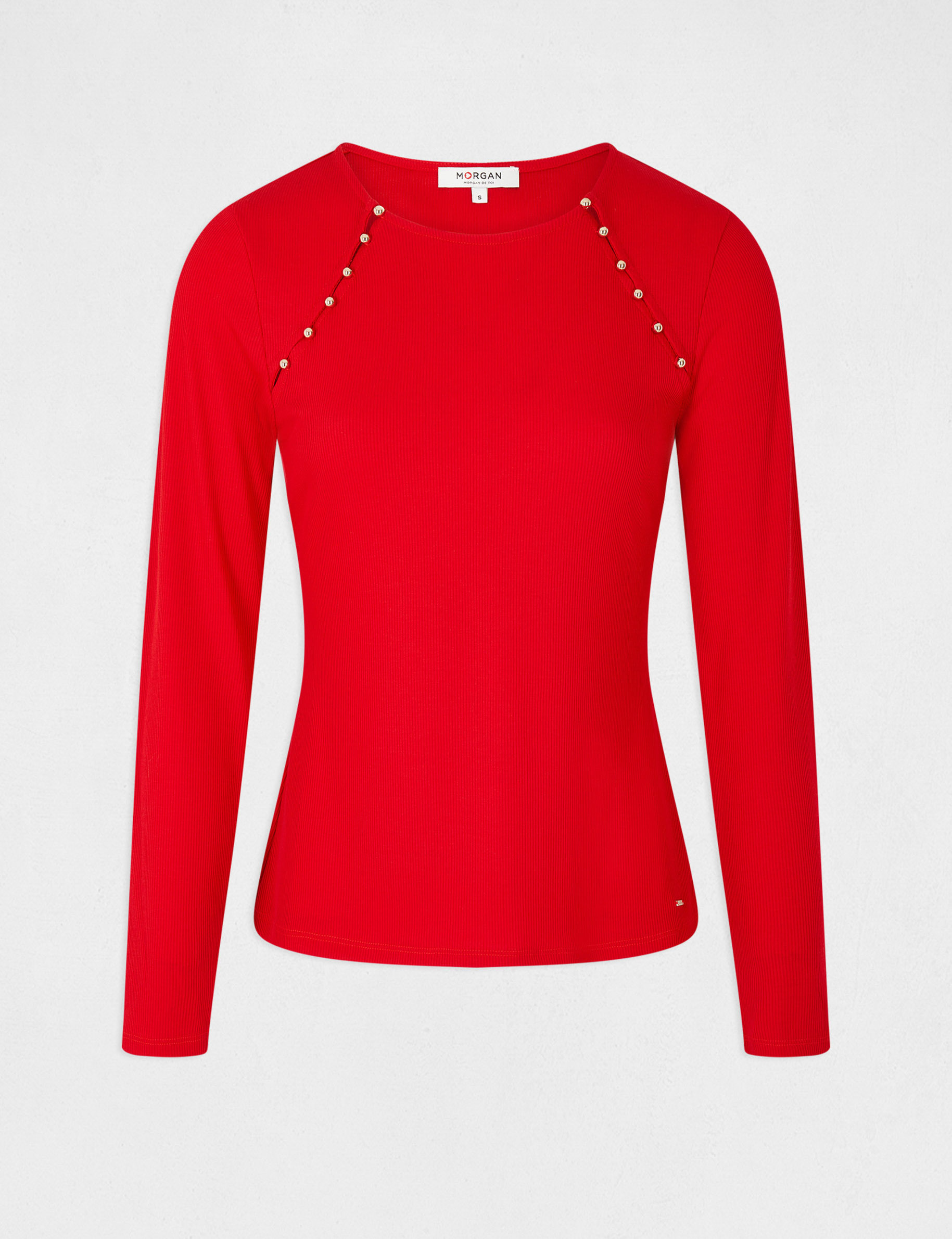 Geribbeld T-shirt met lange mouwen rood vrouw