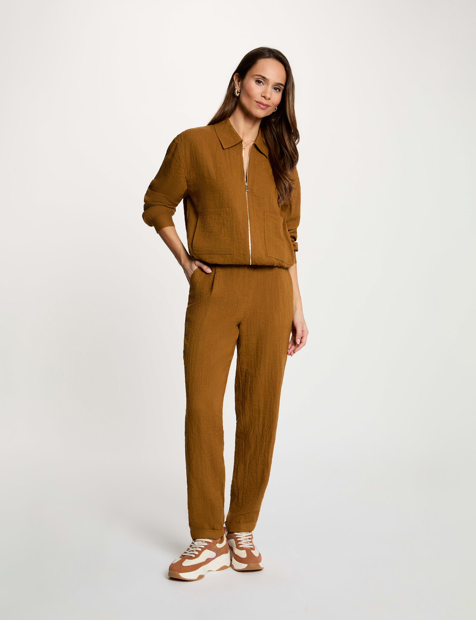 Geplooide oversized jas camel vrouw