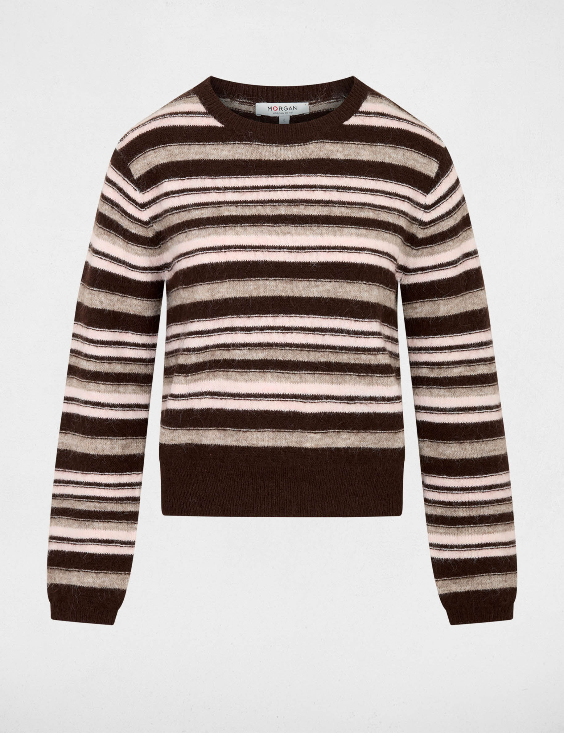 Pull ray&eacute; col rond marron femme