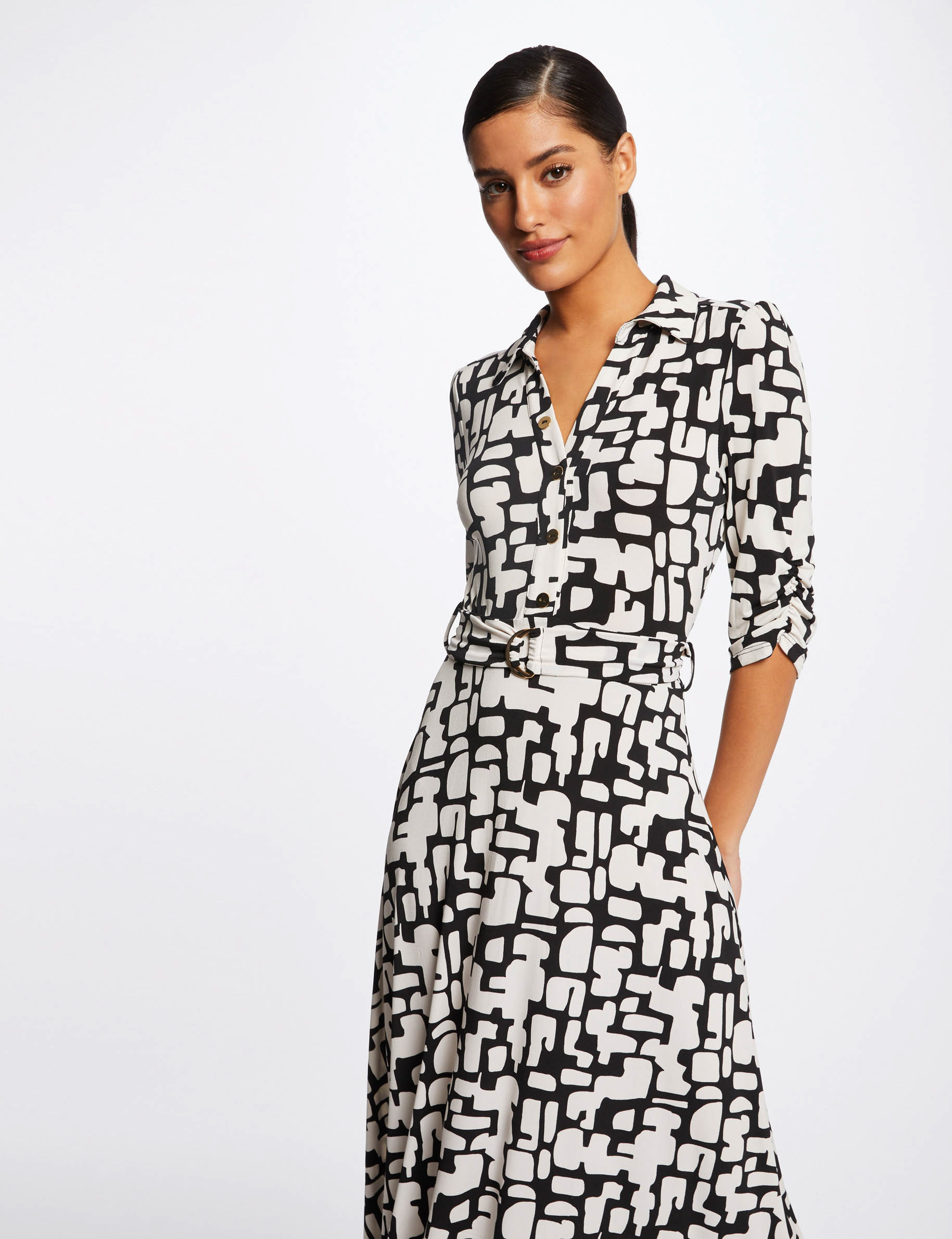Robe longue &eacute;vas&eacute;e imprim&eacute; abstrait ecru femme