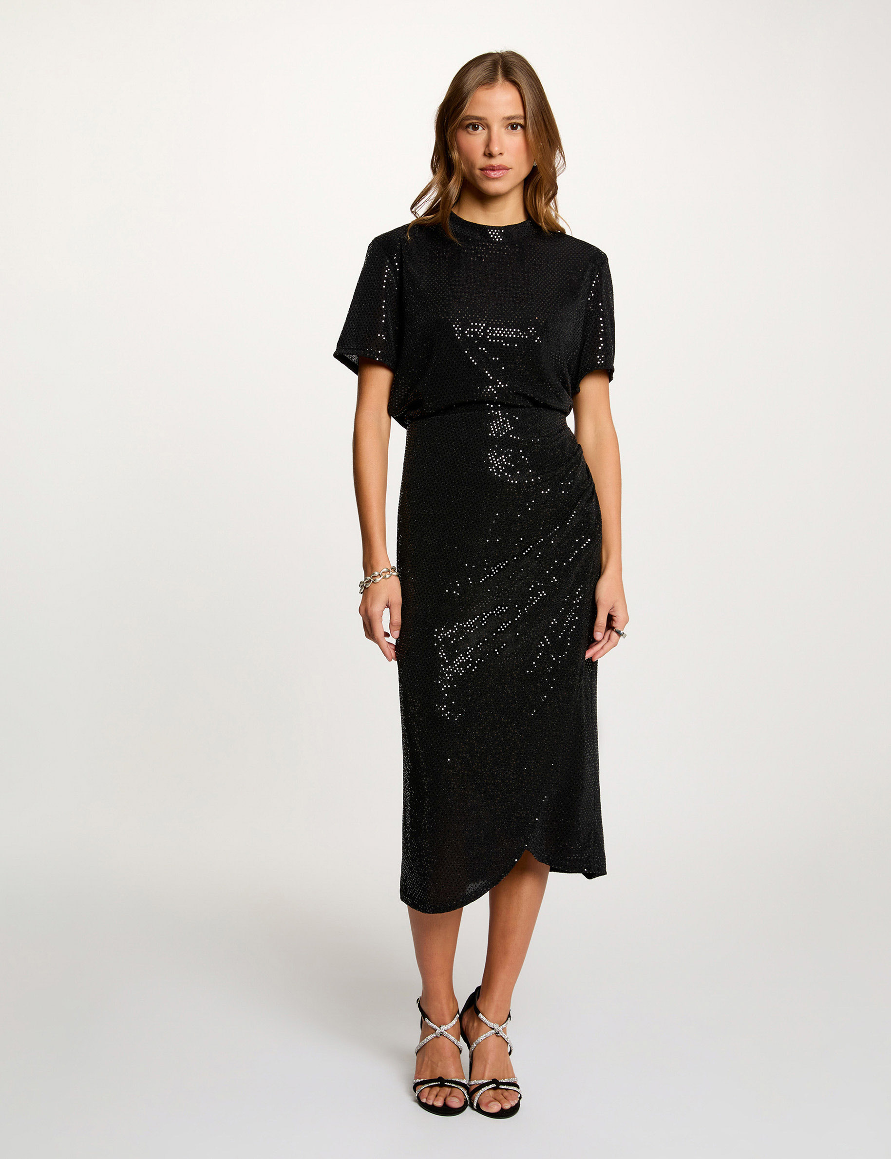 T-shirt sequins col montant noir femme