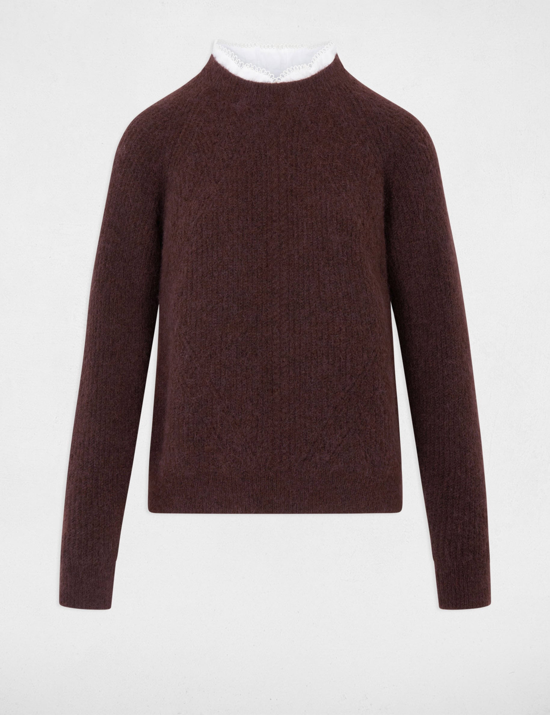 Trui met ronde hals en blouse-details donker bruin vrouw
