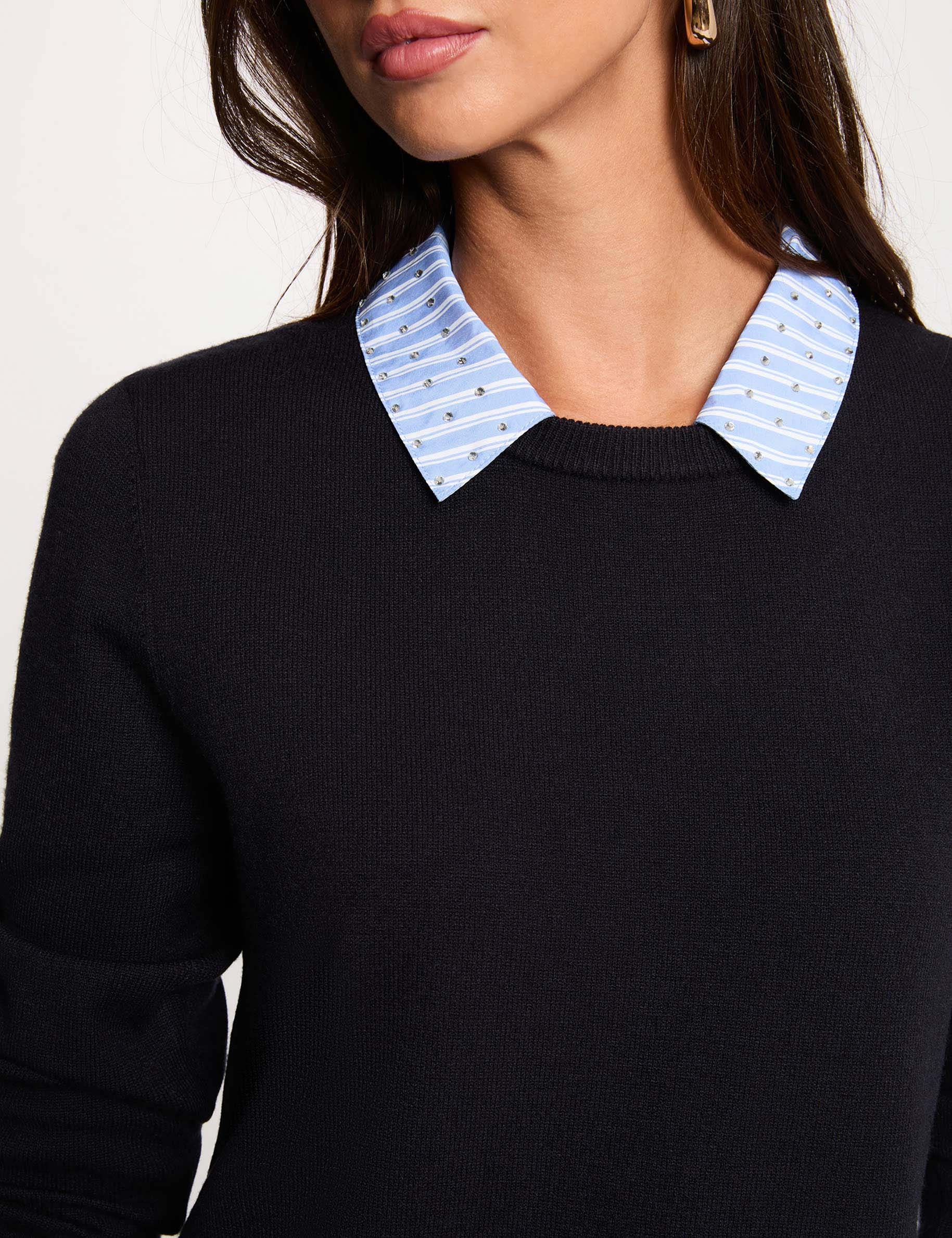 Robe tricot col &agrave; revers bleu marine femme