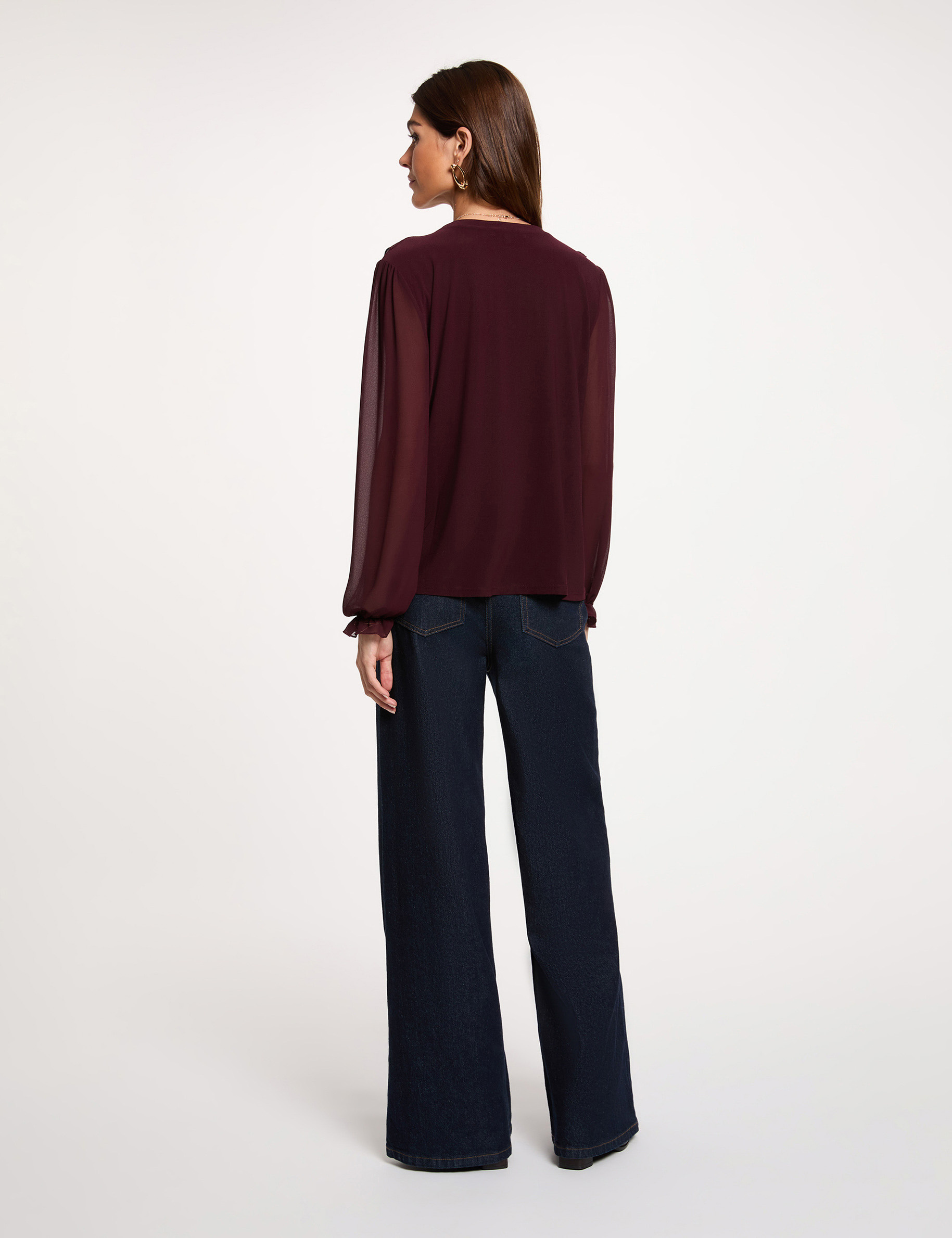 V-hals T-shirt van voile pruim vrouw