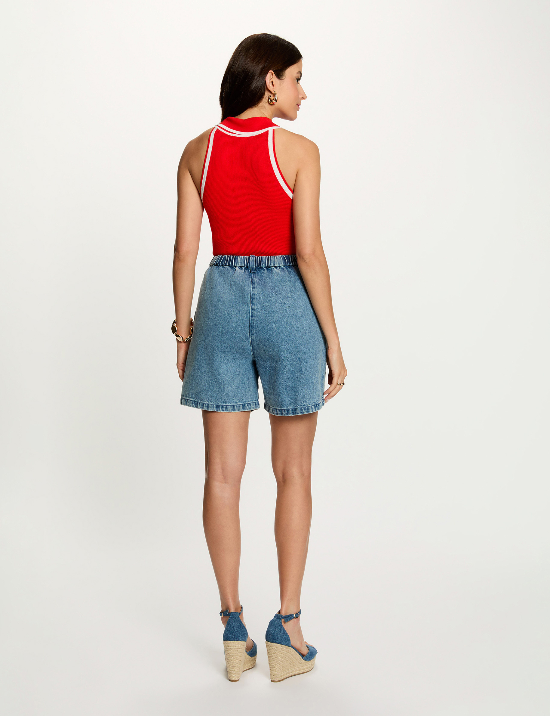 High-waist short dubbel stone washed denim vrouw