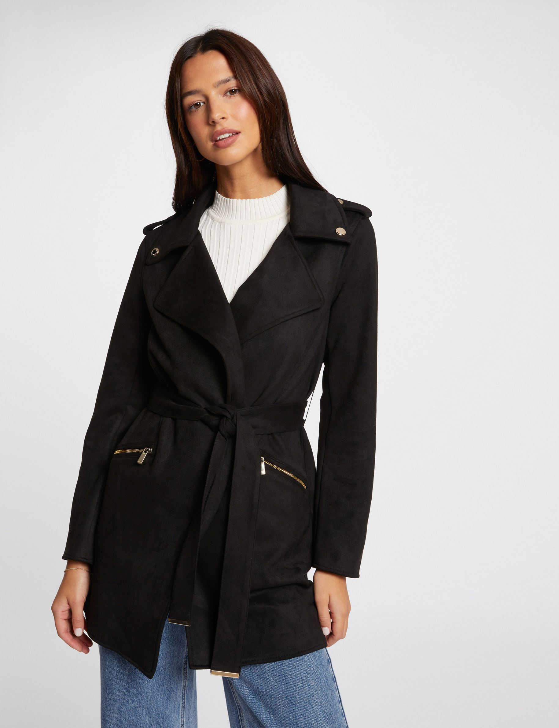 suede lange jas met riem zwart vrouw Suède lange jas met riem zwart vrouw