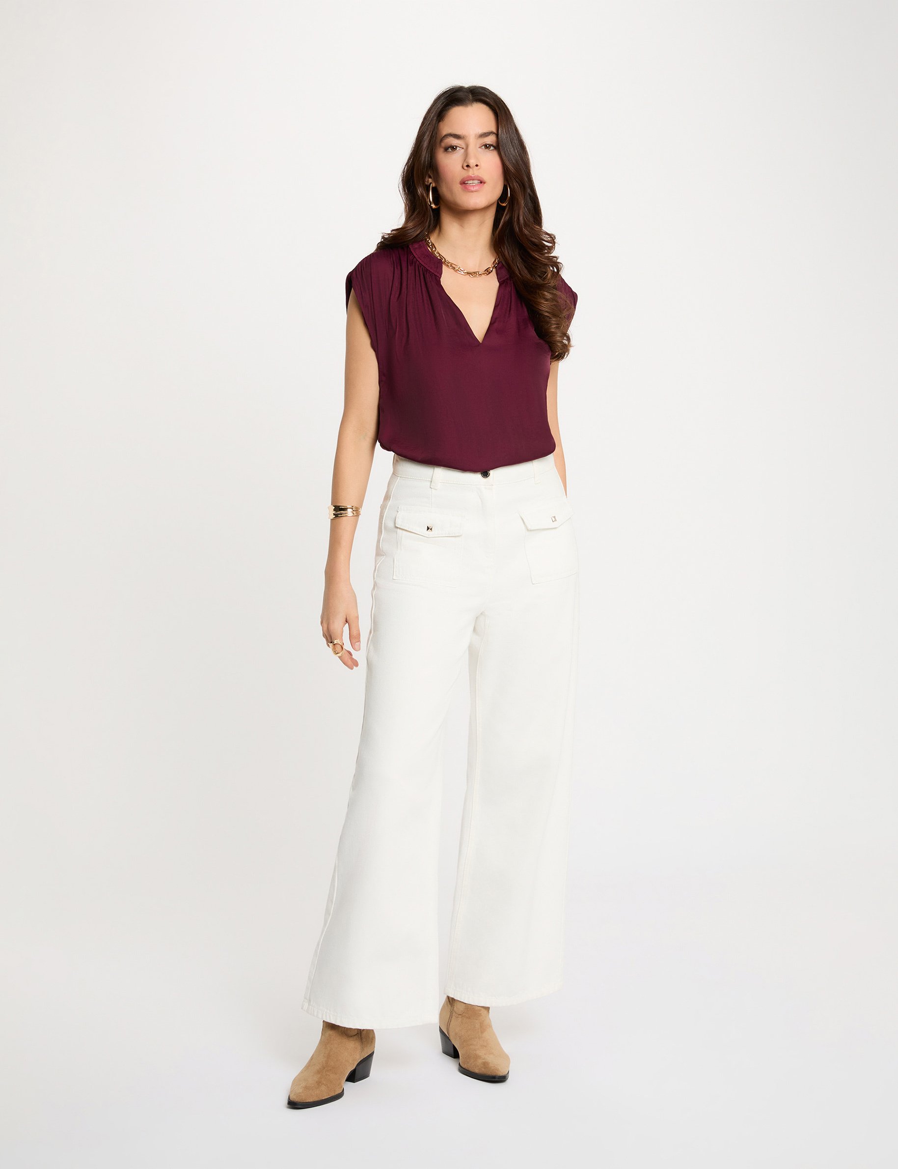 Blouse manches courtes satin prune femme