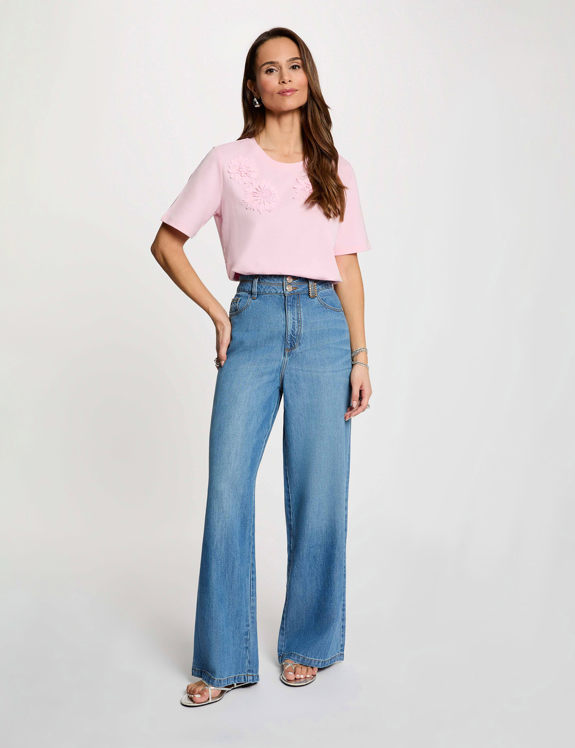 Recht T-shirt met ronde hals roze vrouw