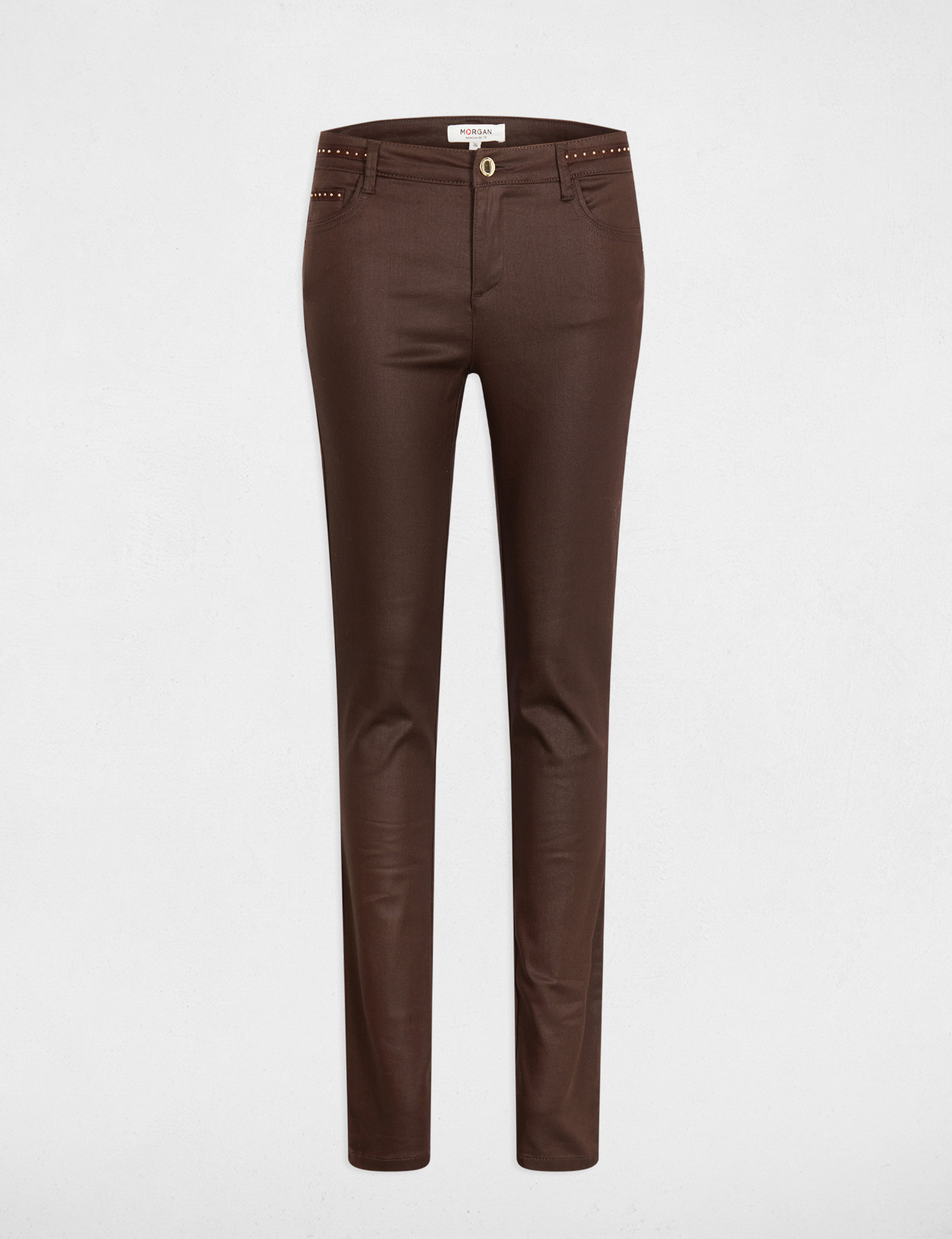 Pantalon slim enduit marron foncé femme