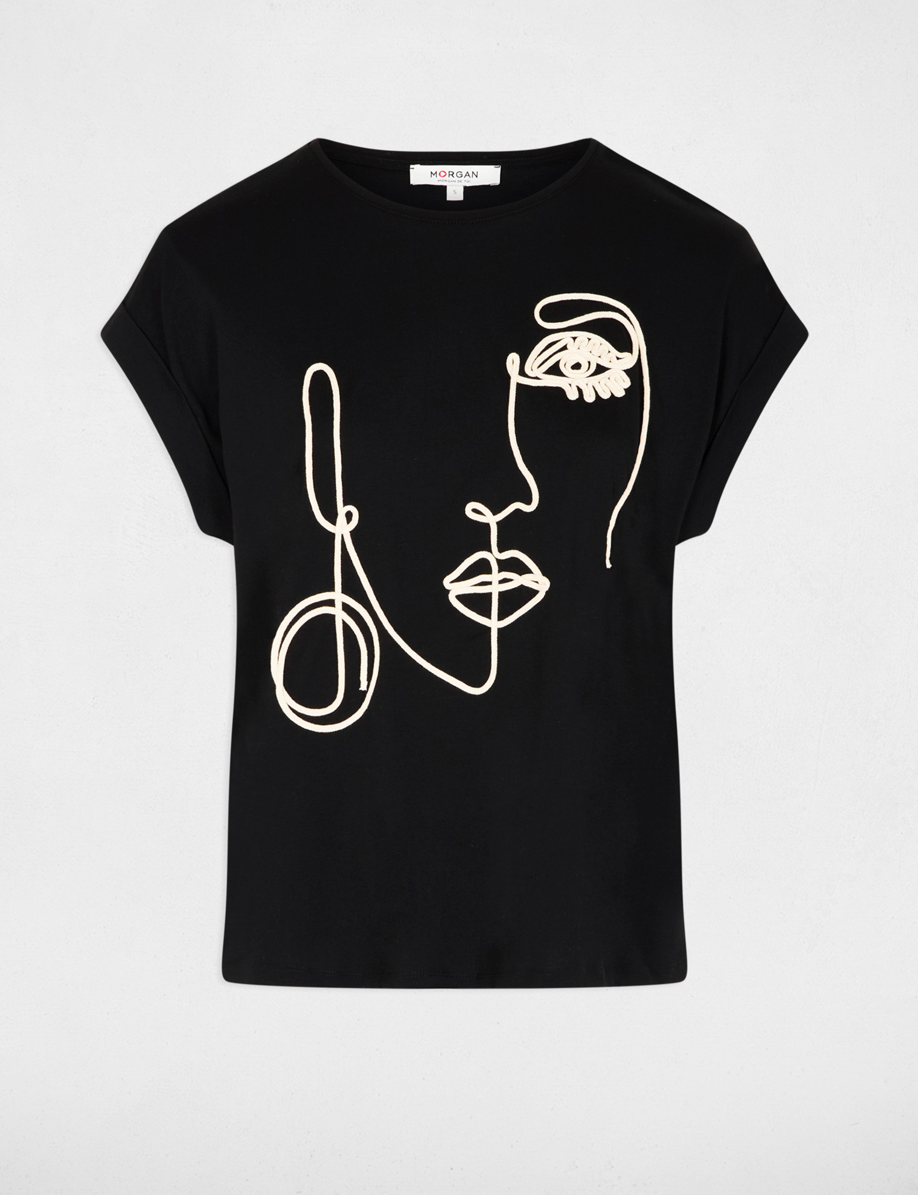 T-shirt broderie visage noir femme