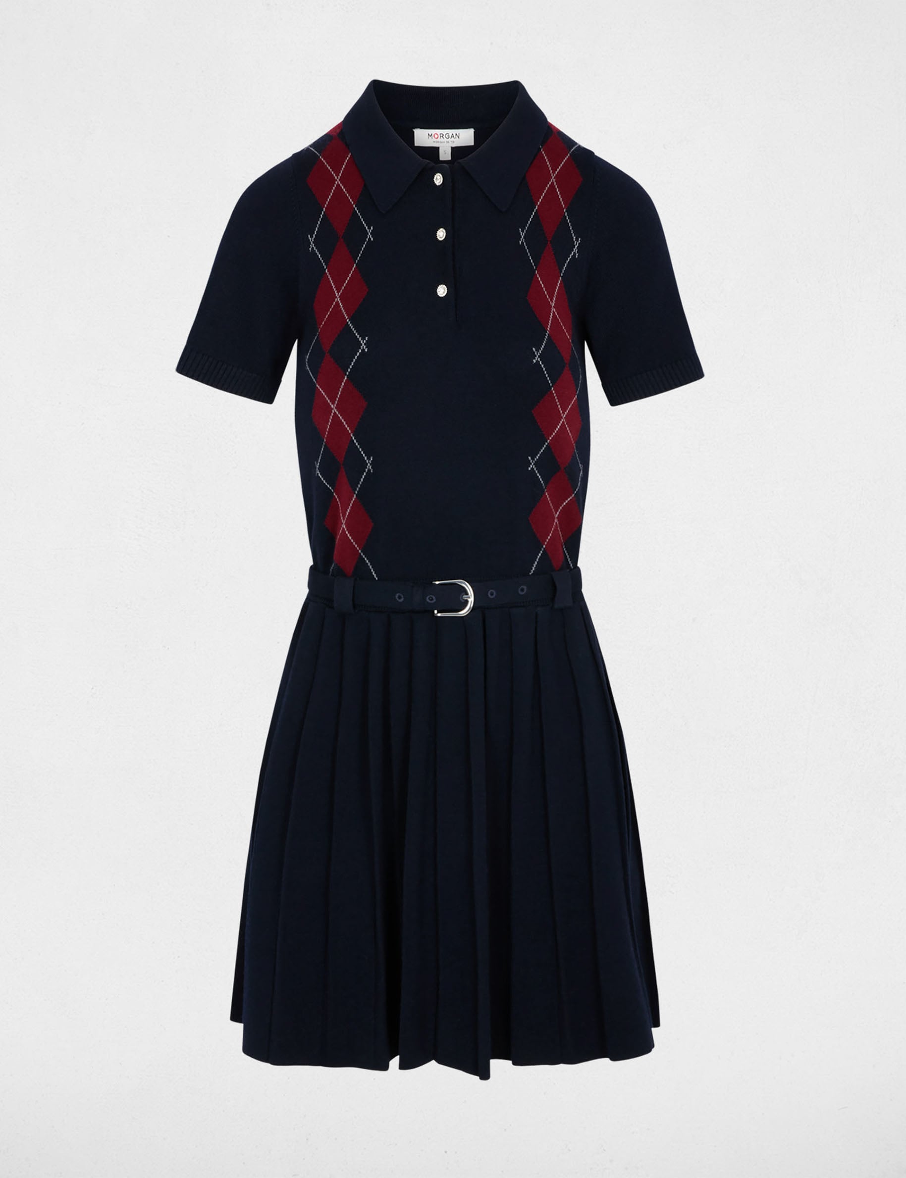 Robe tricot col &agrave; revers bleu marine femme