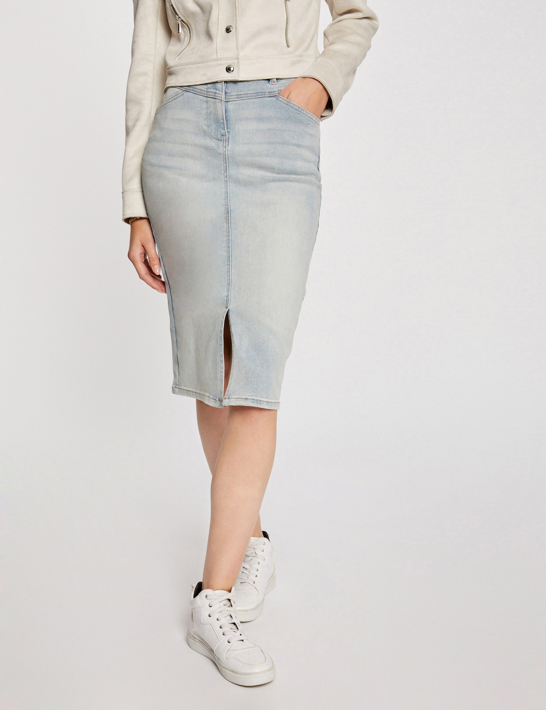 Jupe longueur genou en jean jean bleached femme