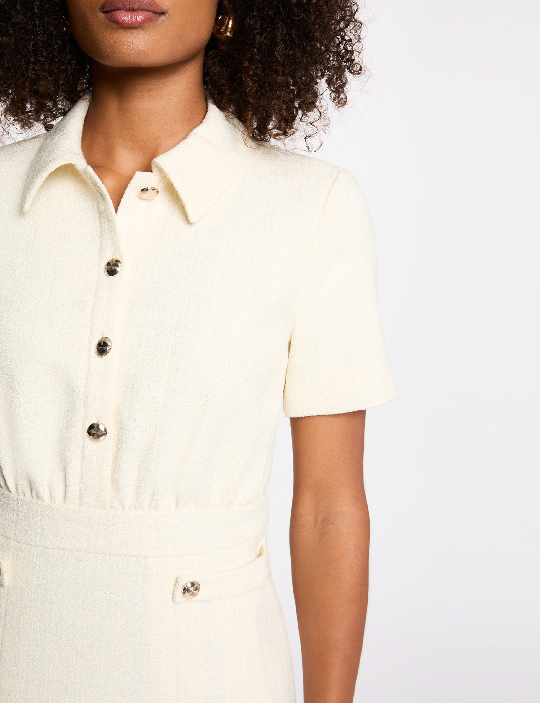 Uitlopende tweed jurk ecru vrouw