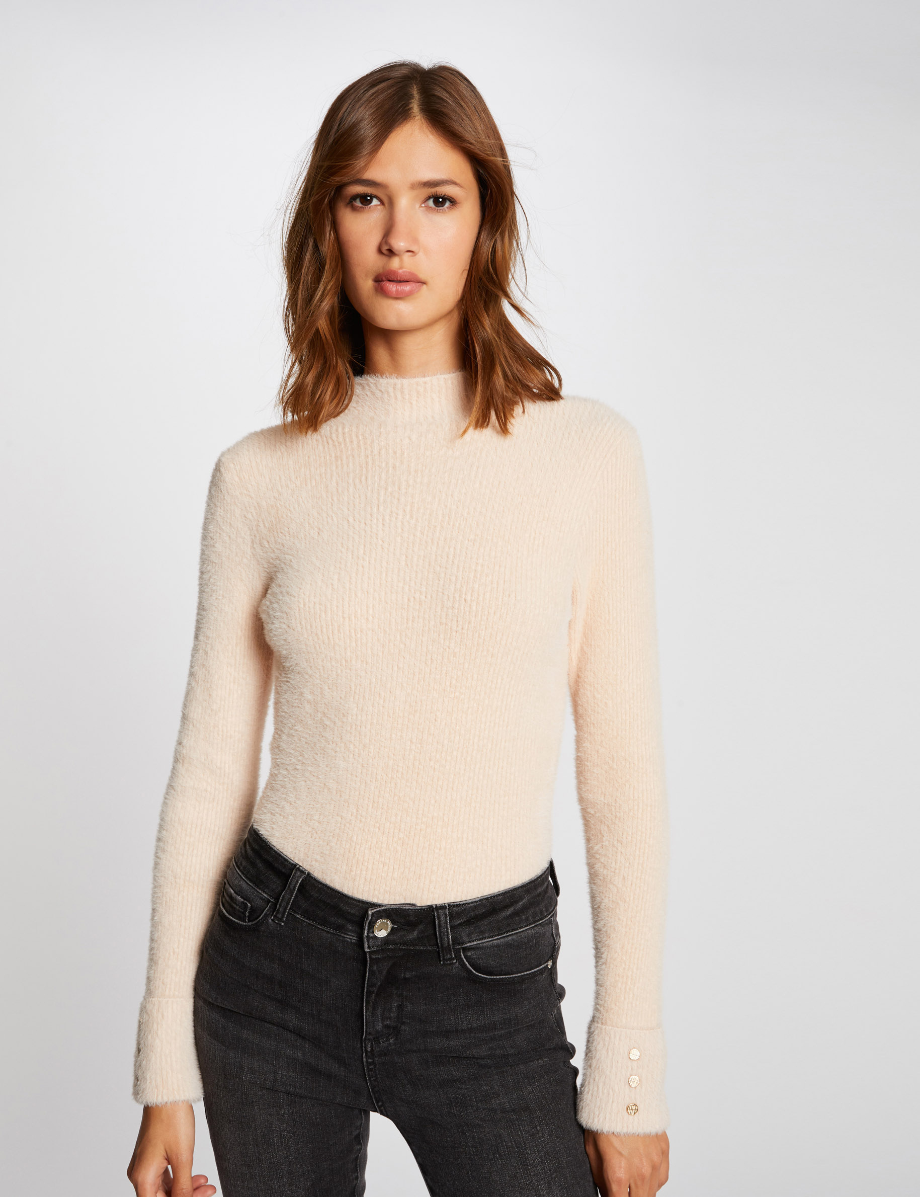 Pull manches longues maille duveteuse beige femme