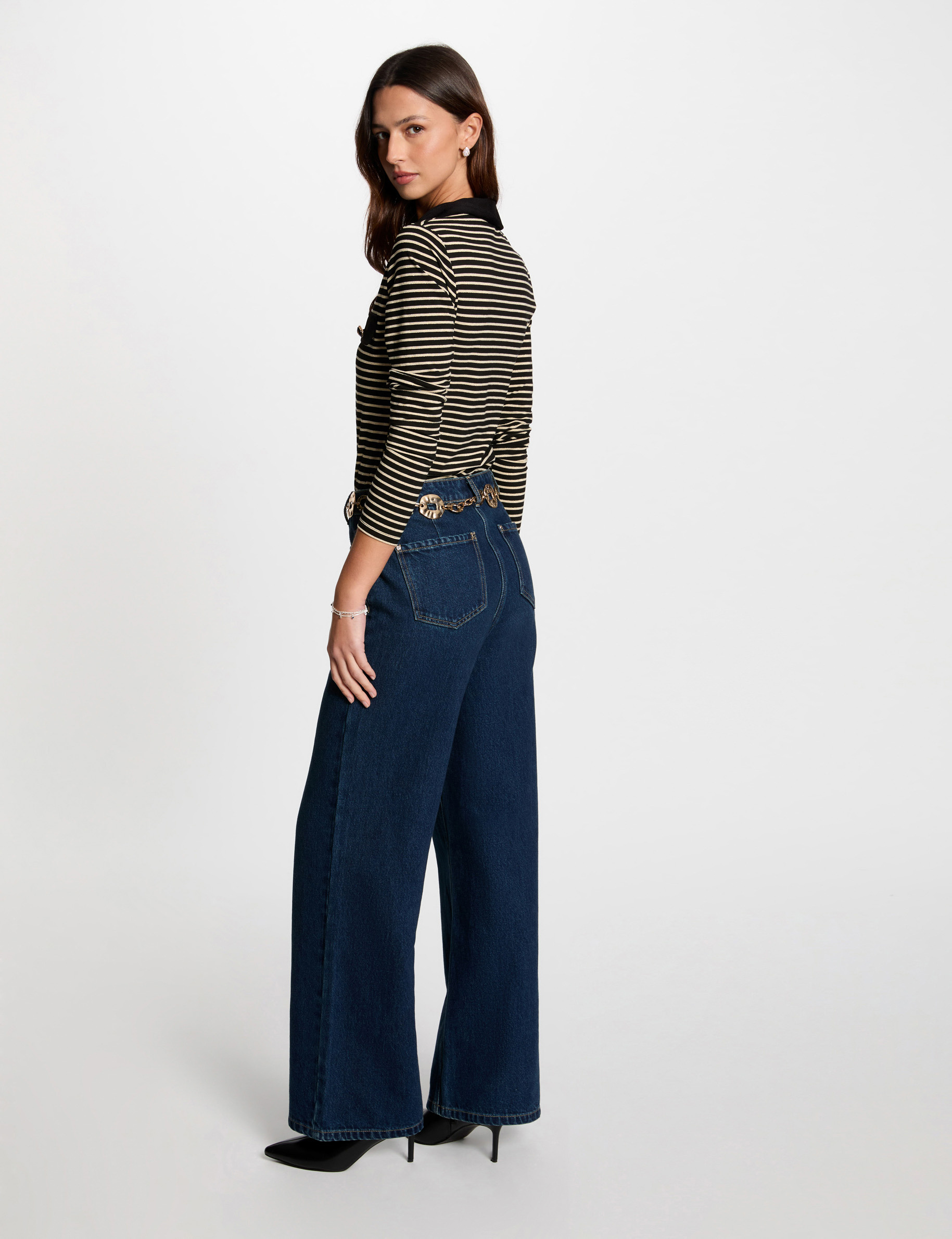 gestreept poloshirt met lange mouwen zwart vrouw Gestreept poloshirt met lange mouwen zwart vrouw