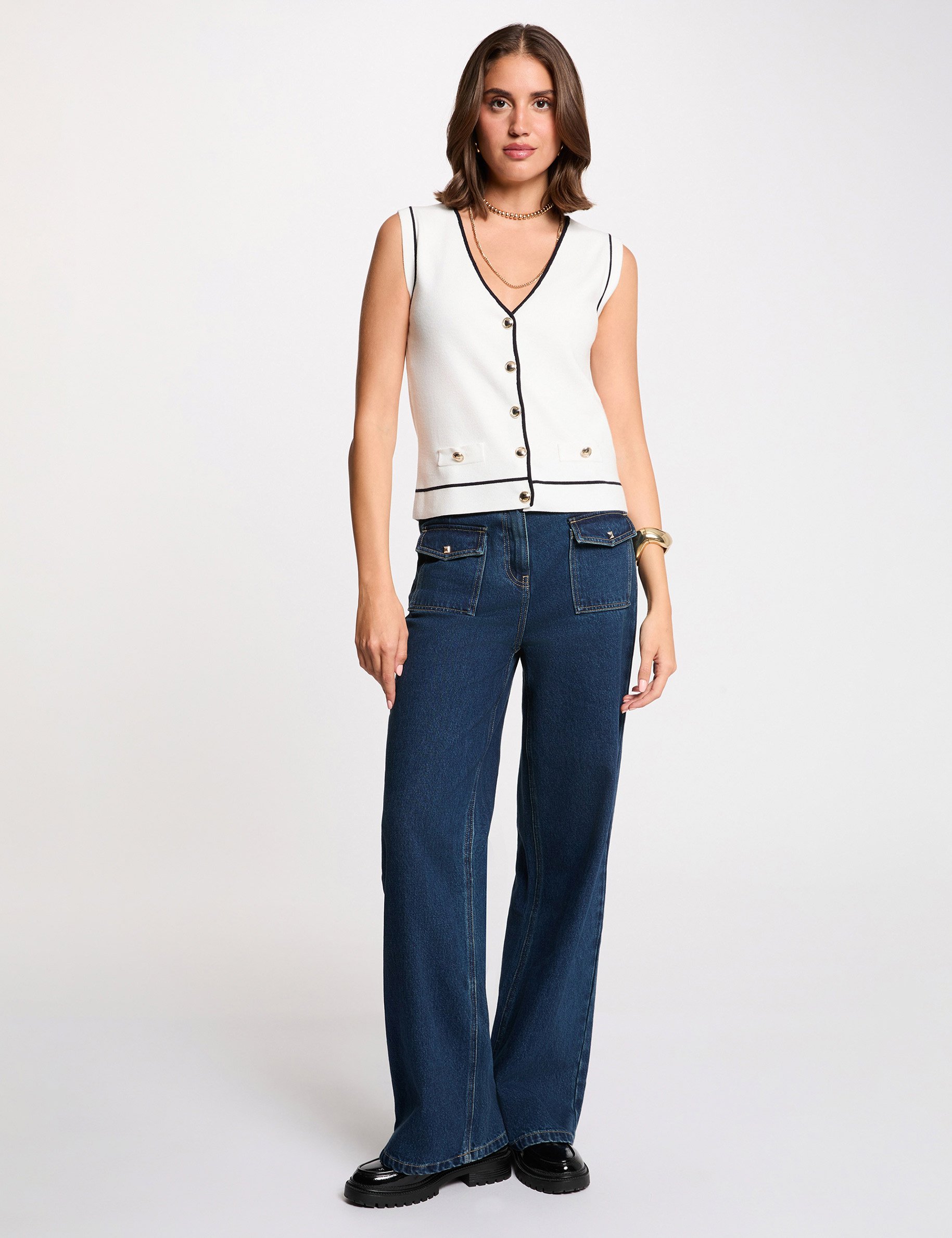 Pull sans manches col v blanc femme