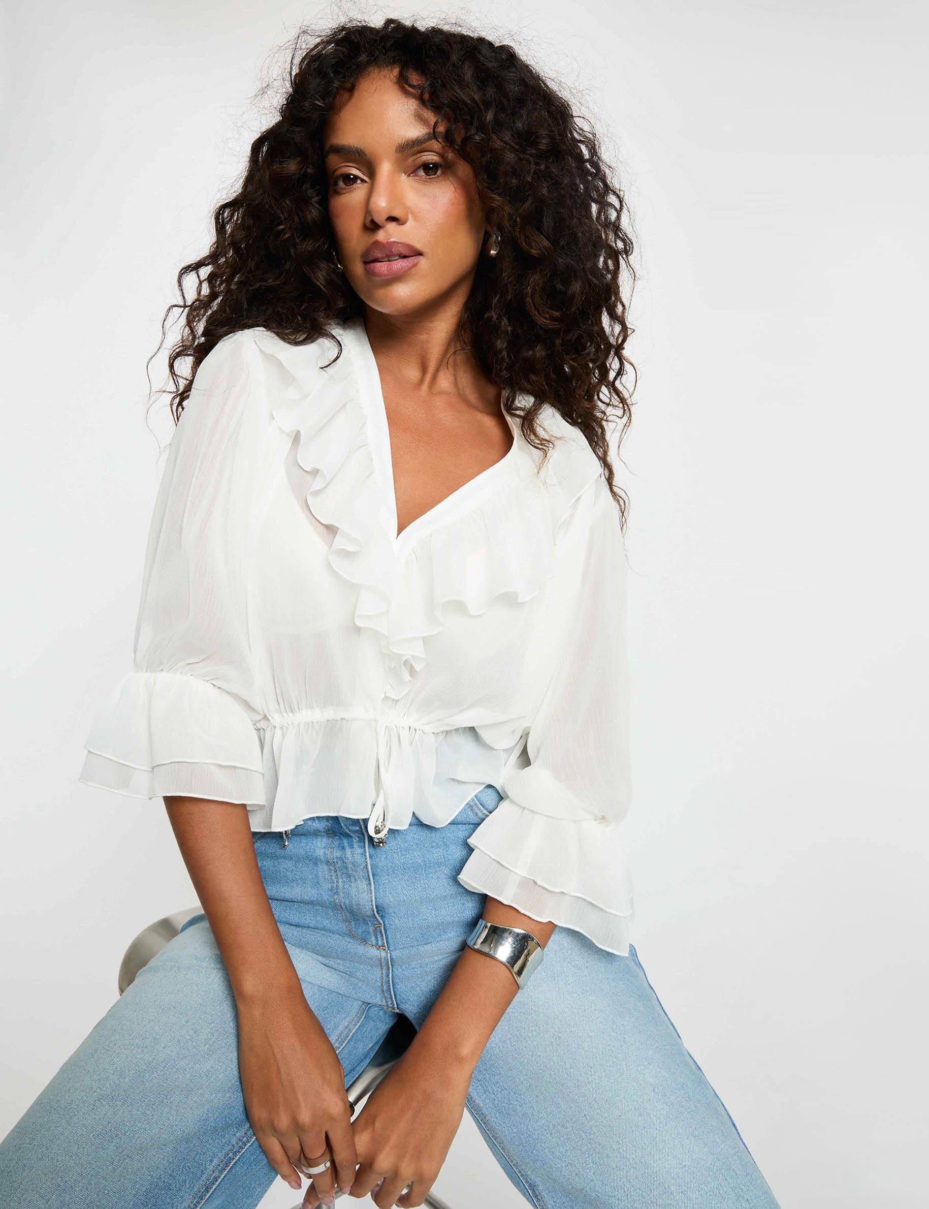 Blouse van voile met V-hals helder wit vrouw