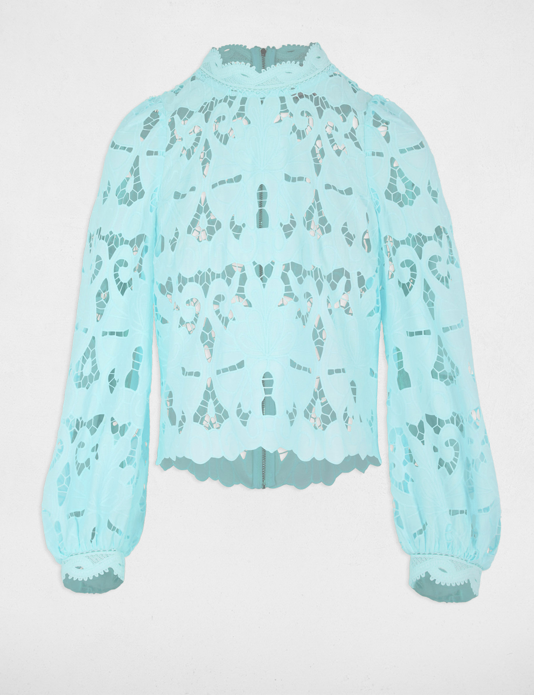 Blouse broderie col montant bleu ciel femme