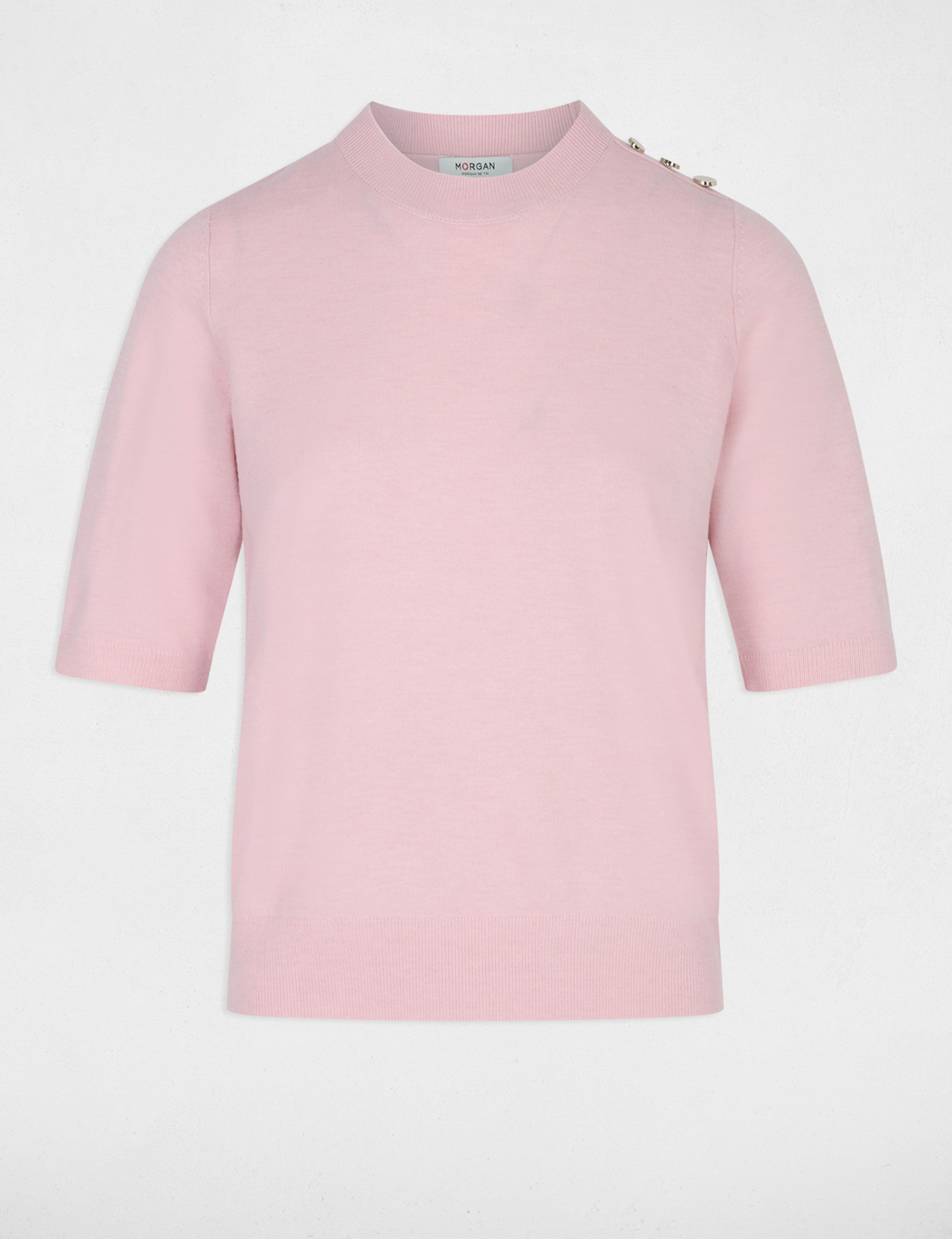 Pull col rond manches courtes rose pastel femme