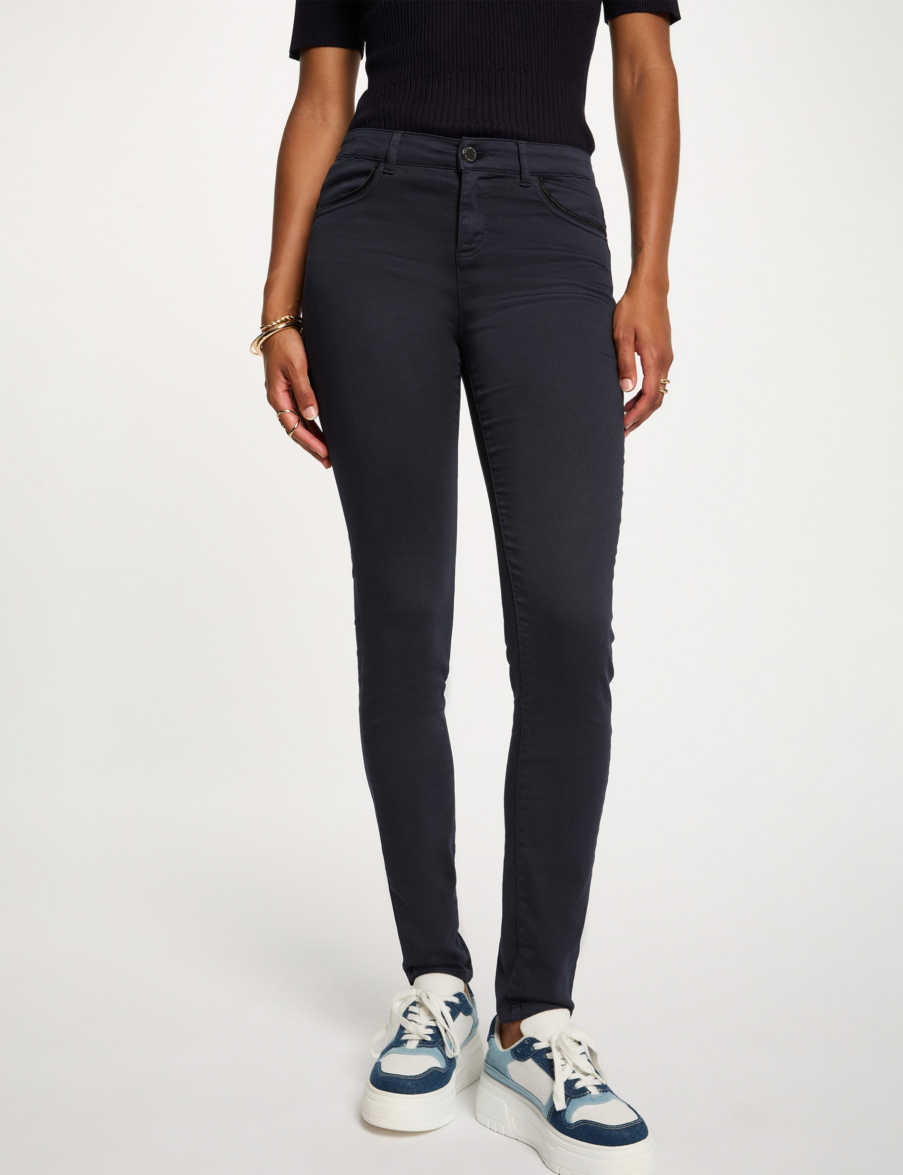 Pantalon slim enduit bleu marine femme