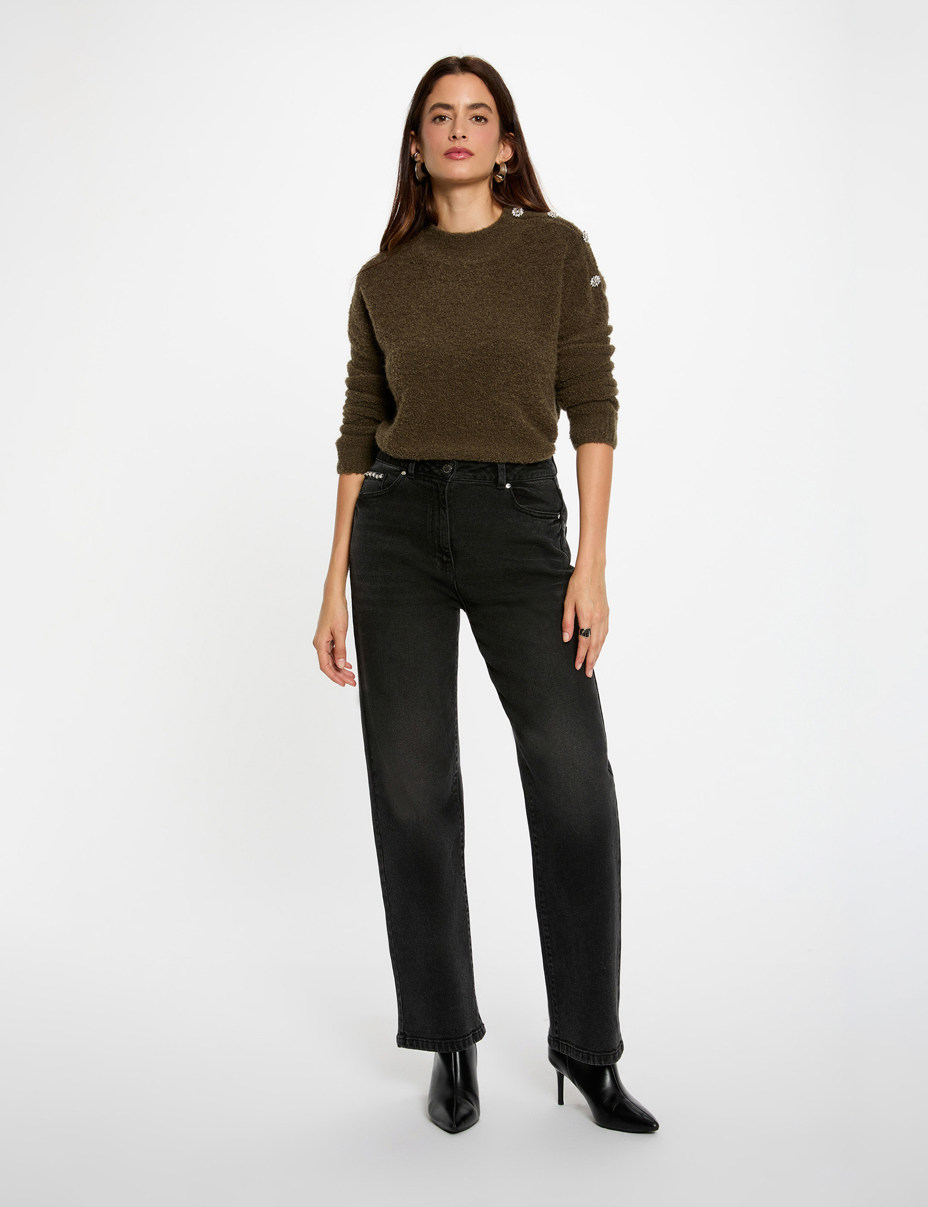pull col montant et boutons vert kaki femme Pull col montant et boutons vert kaki femme