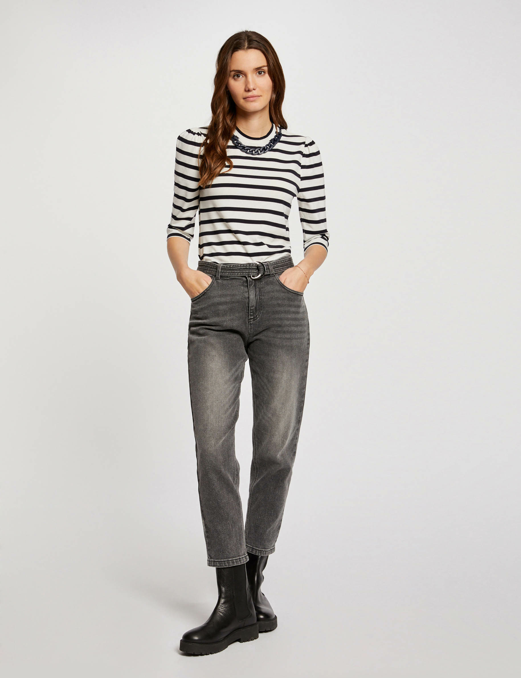 T-shirt manches 3/4 rayures ecru femme
