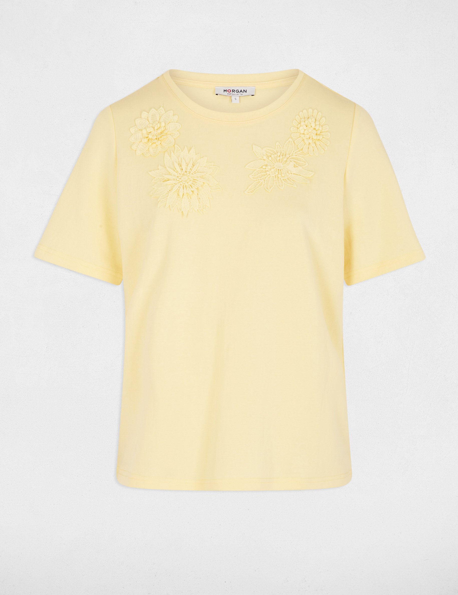 Recht T-shirt met ronde hals pastel geel vrouw