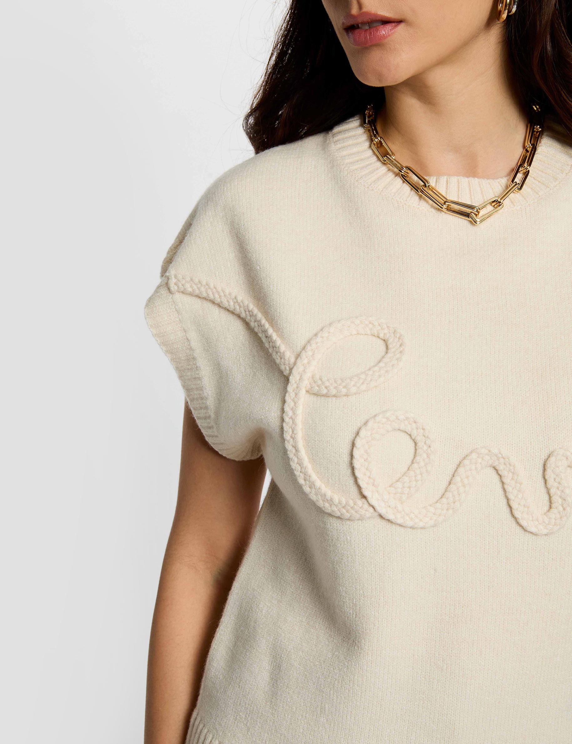 Geborduurde ronde hals trui creme vrouw