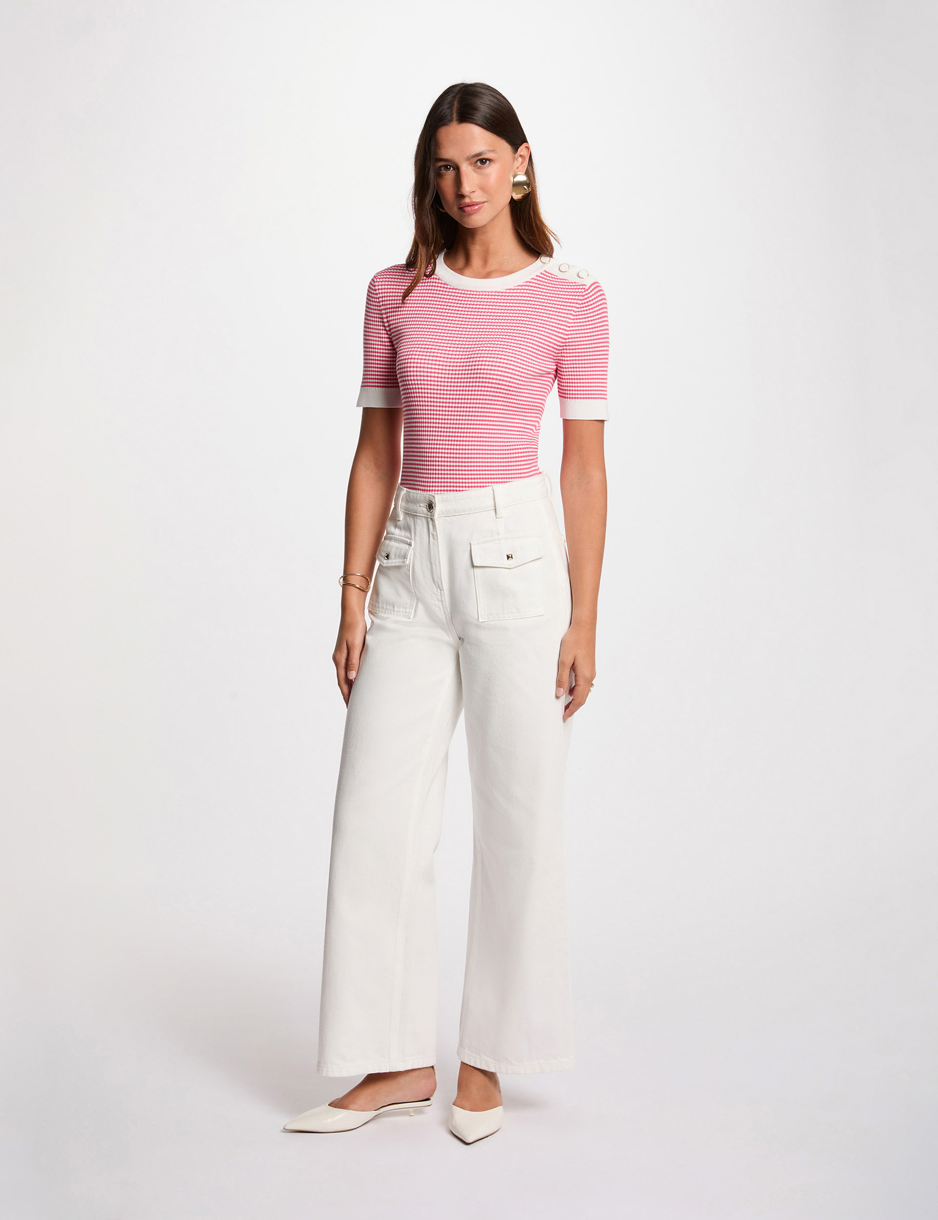 Gestreepte trui met ronde hals fuchsia roze vrouw