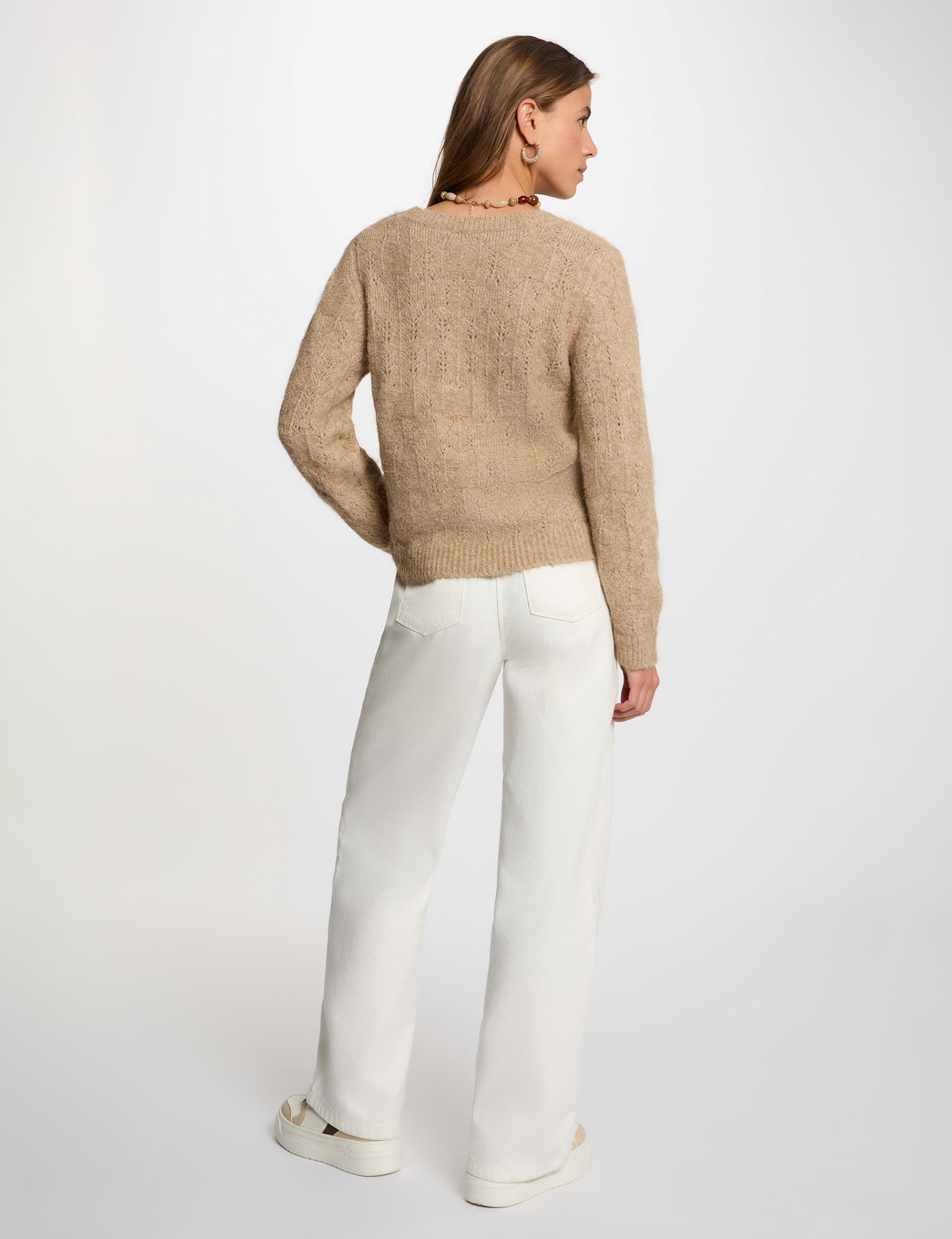 Pull ajour&eacute; col rond beige femme