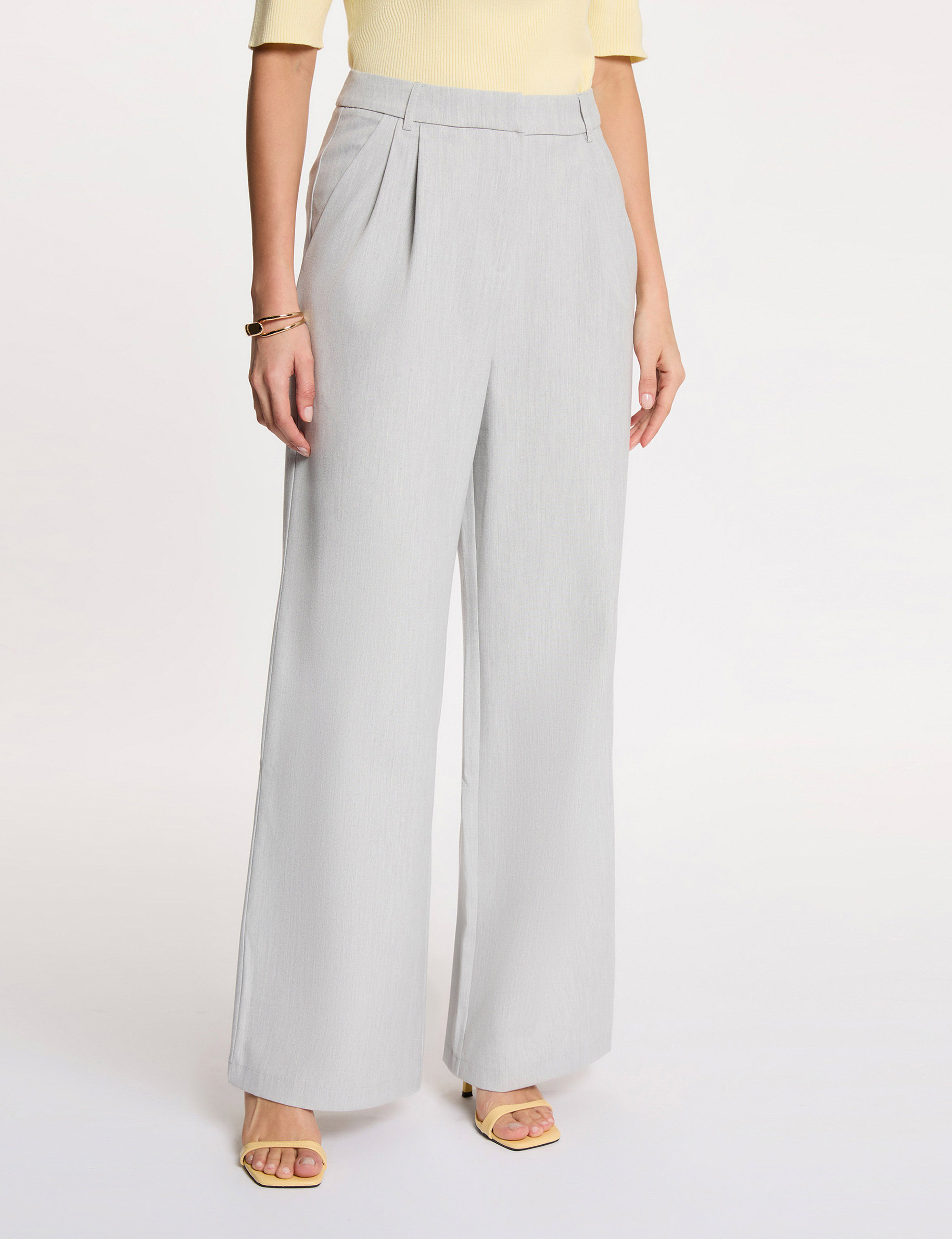 Pantalon large taille haute gris clair femme