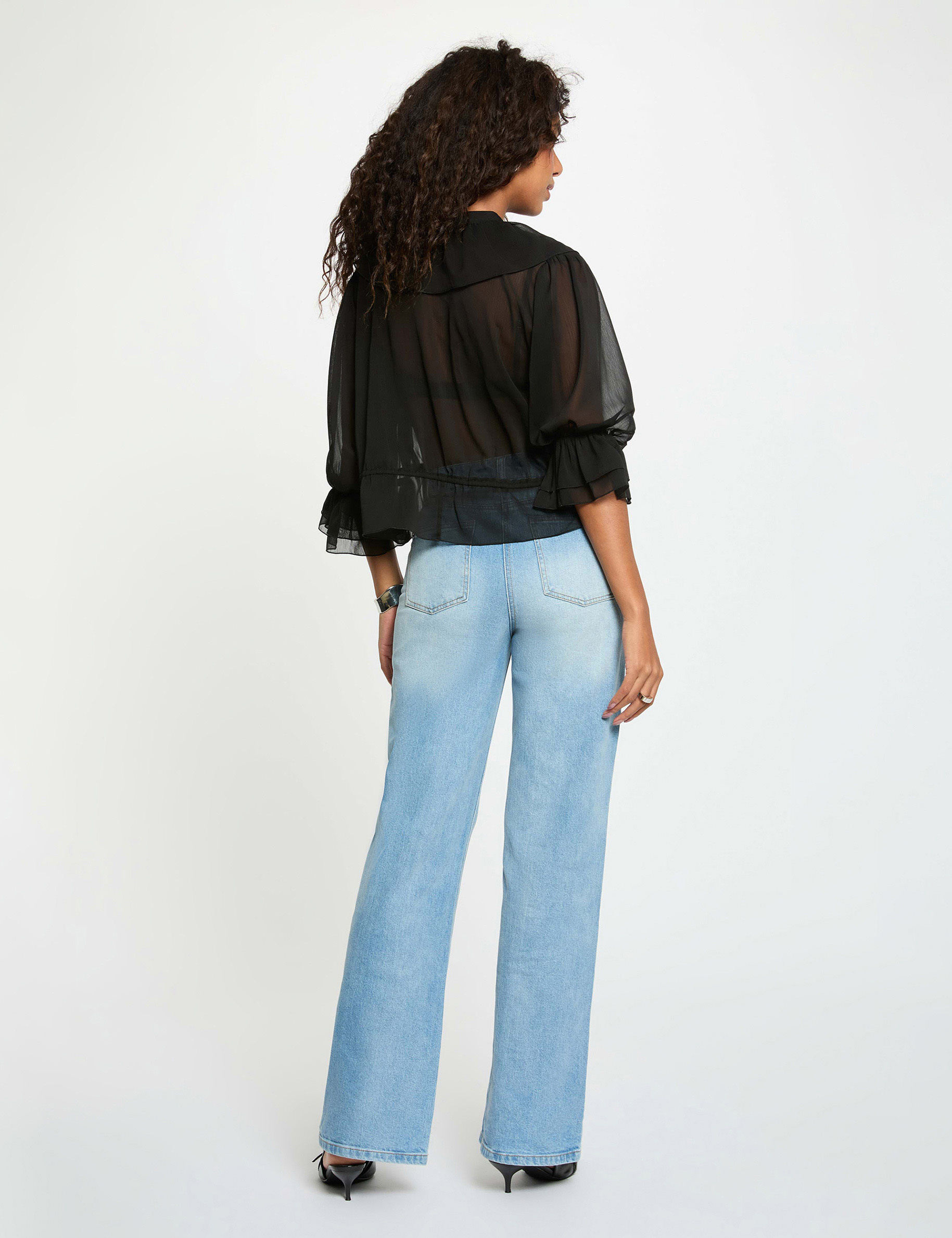 Blouse van voile met V-hals zwart vrouw