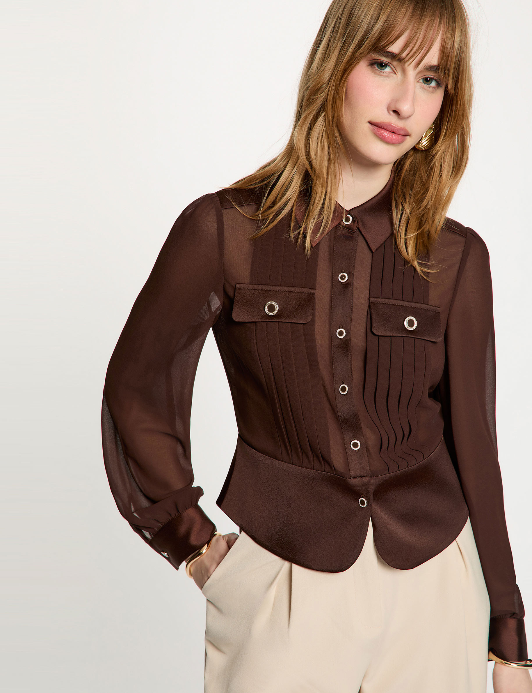 Shirt met lange mouwen en plooien donker bruin vrouw
