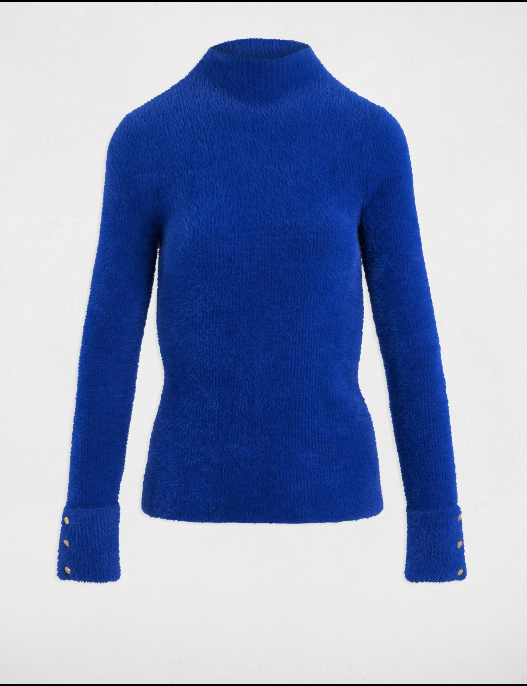 lang gebreide trui met pluizige stof bleu vrouw Lang gebreide trui met pluizige stof bleu vrouw