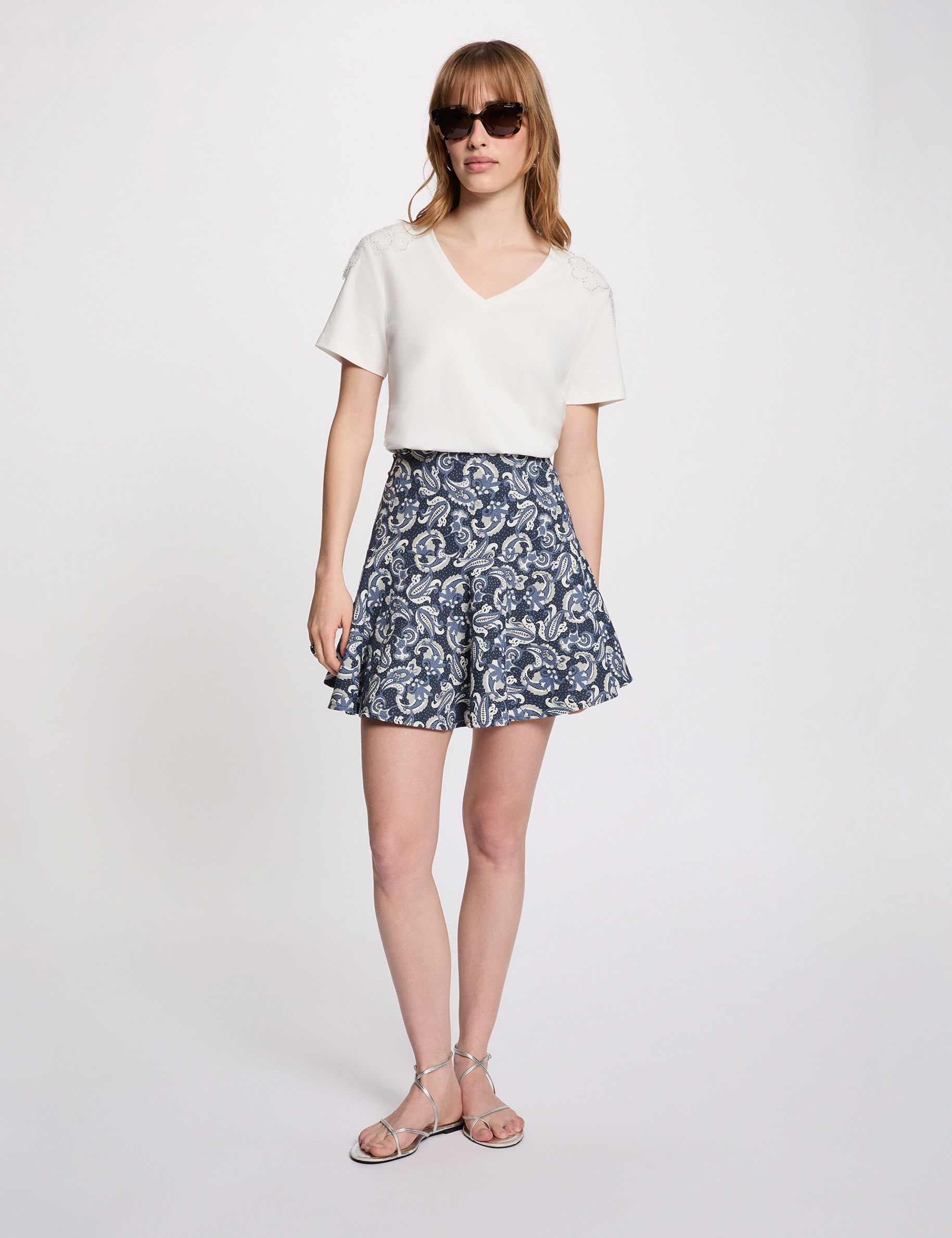T-shirt col v manches courtes blanc femme