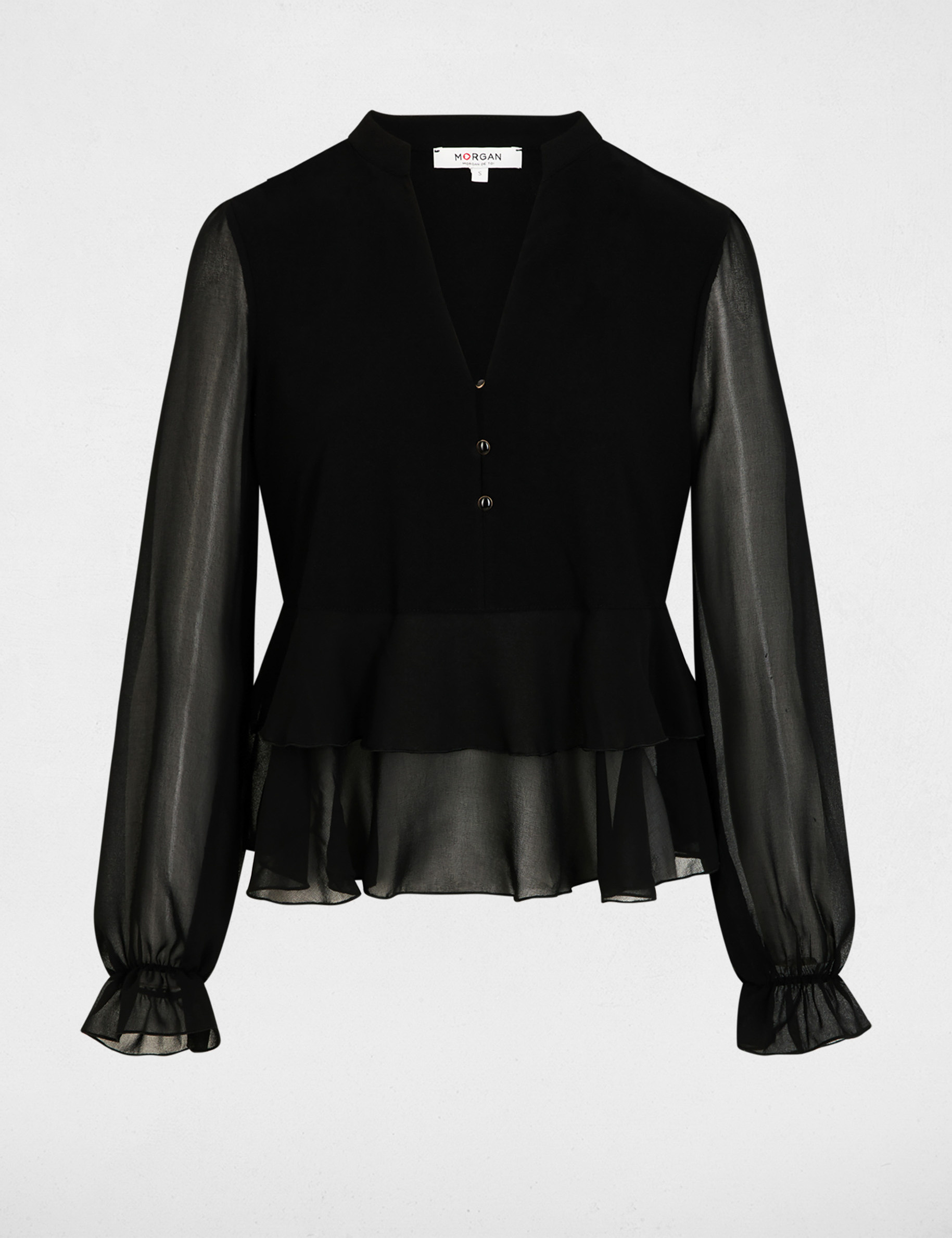 T-shirt met V-hals en ruches zwart vrouw