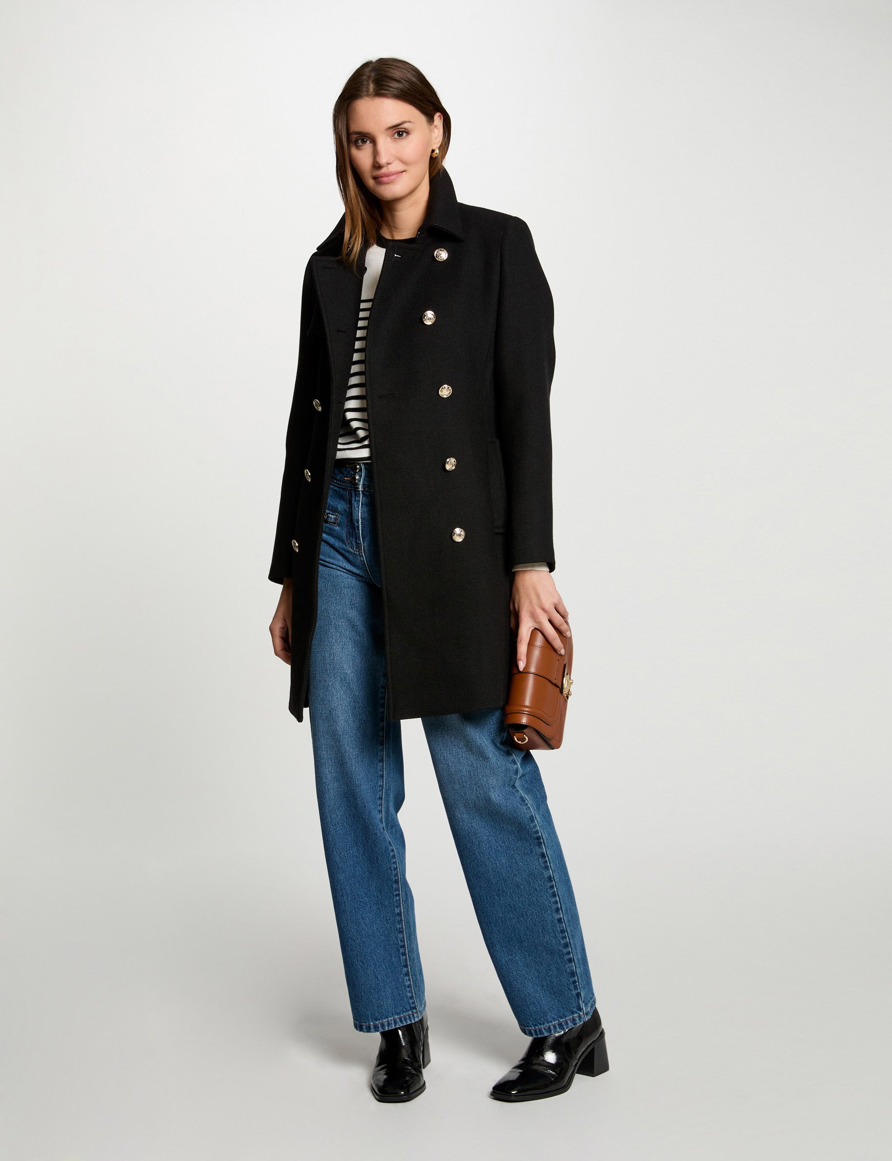 Manteau long ceintur&eacute; noir femme