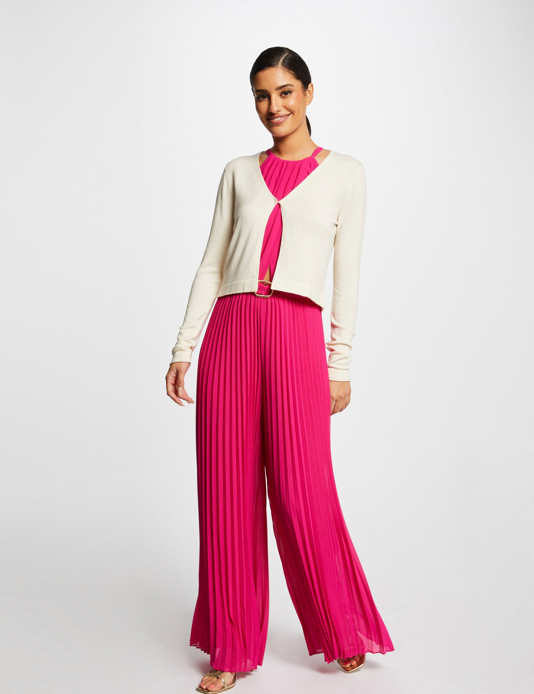 Recht vest met lange mouwen en V-hals ivoor vrouw