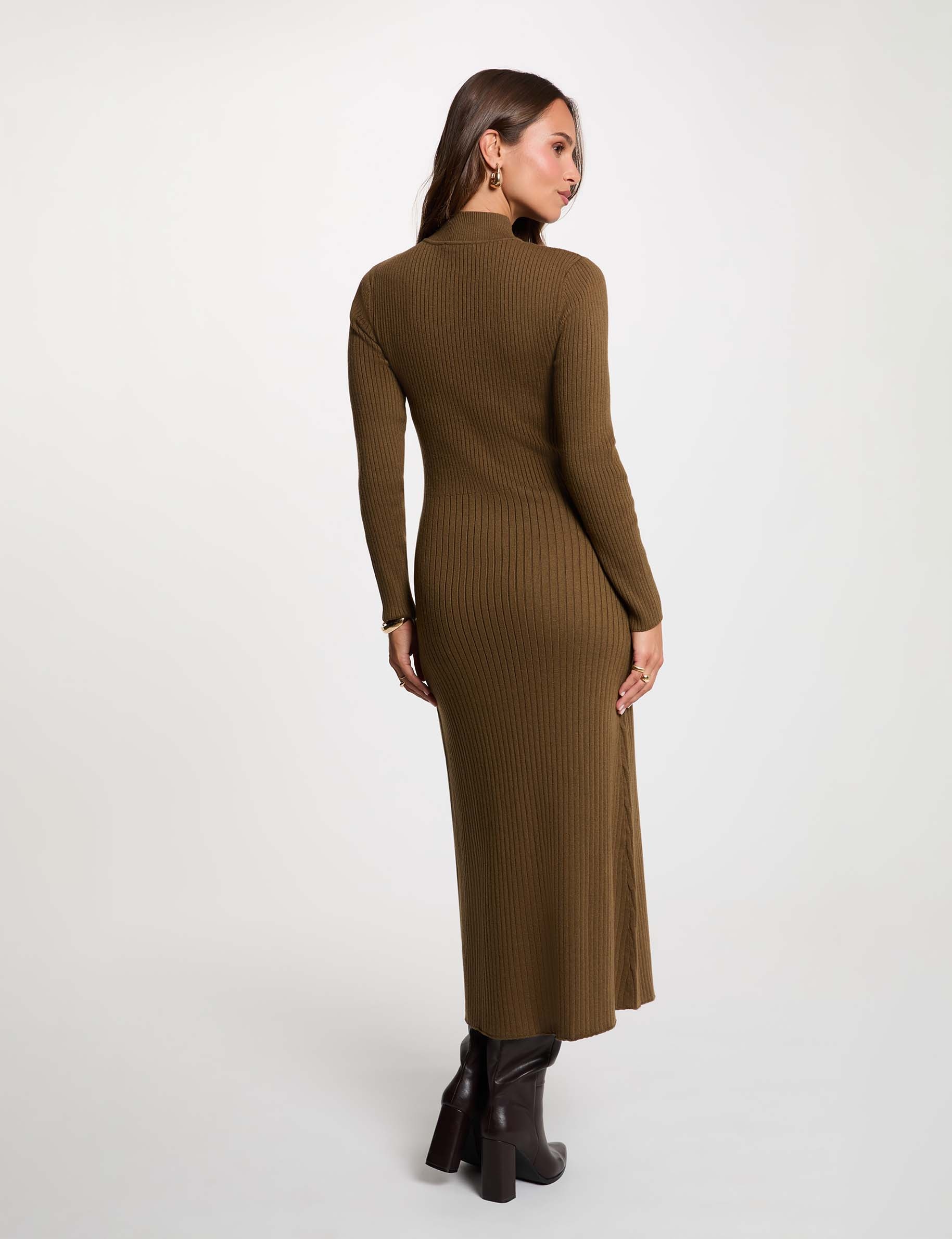 Robe tricot col chemin&eacute;e vert kaki femme