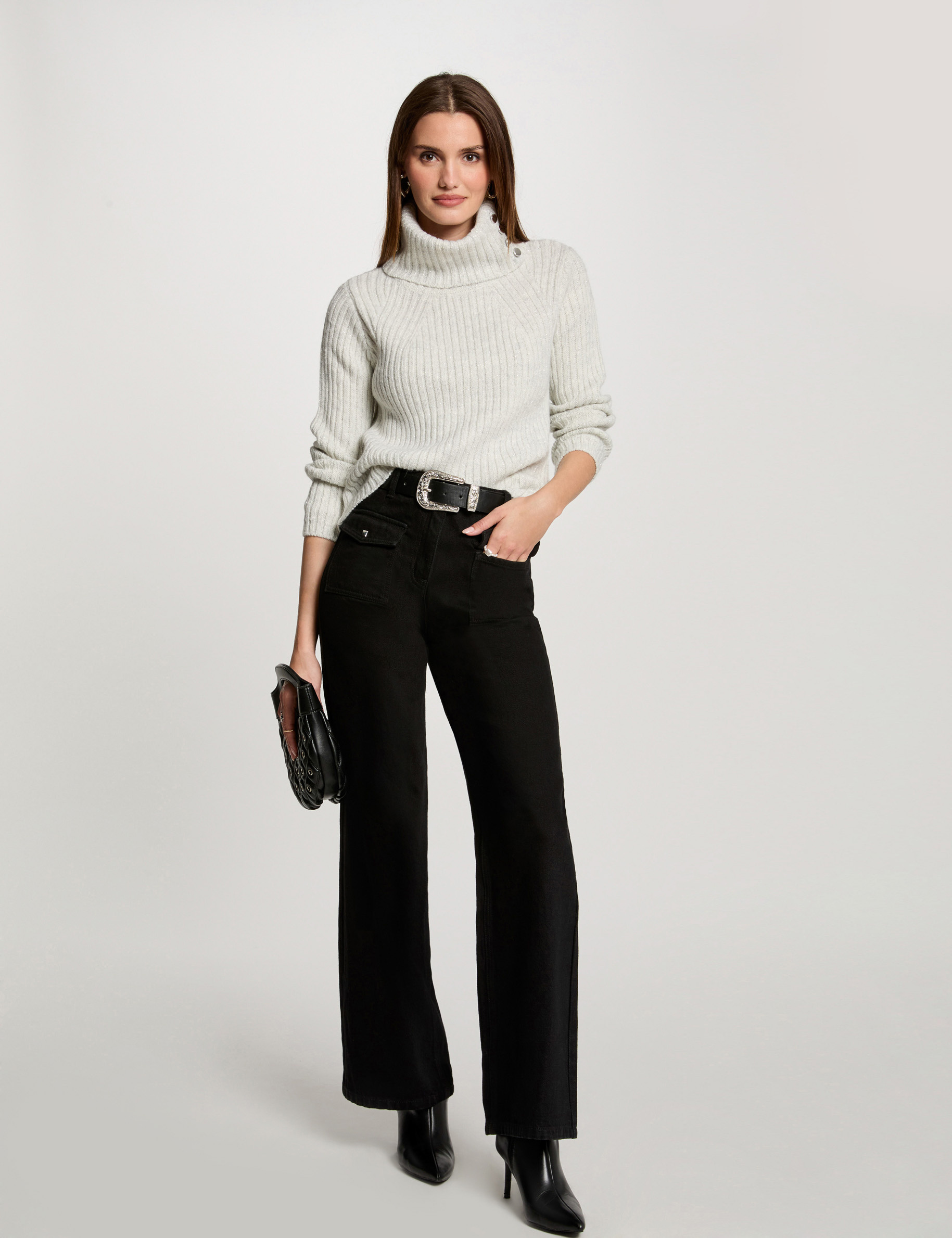 Pull col roul&eacute; &agrave; boutons gris clair femme